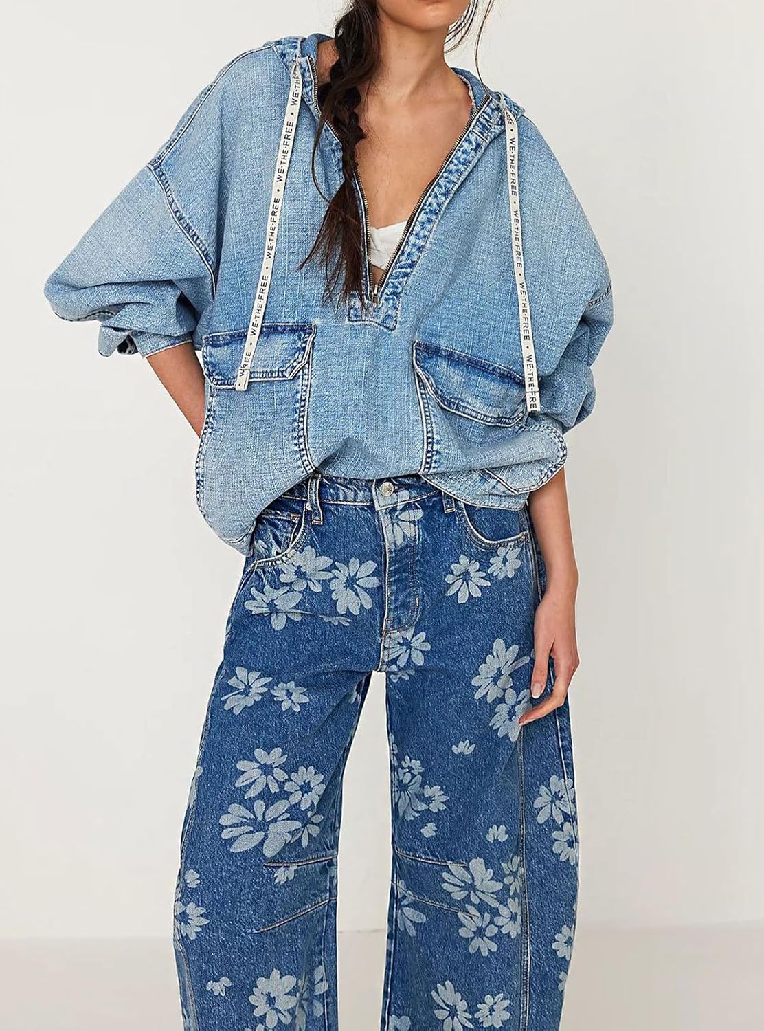 loveimgs Women Y2k Distressed Barrel Jeans Baggy Wide Leg Jeans Floral Printed Boyfriend Patchwork Denim Pants - Image 2