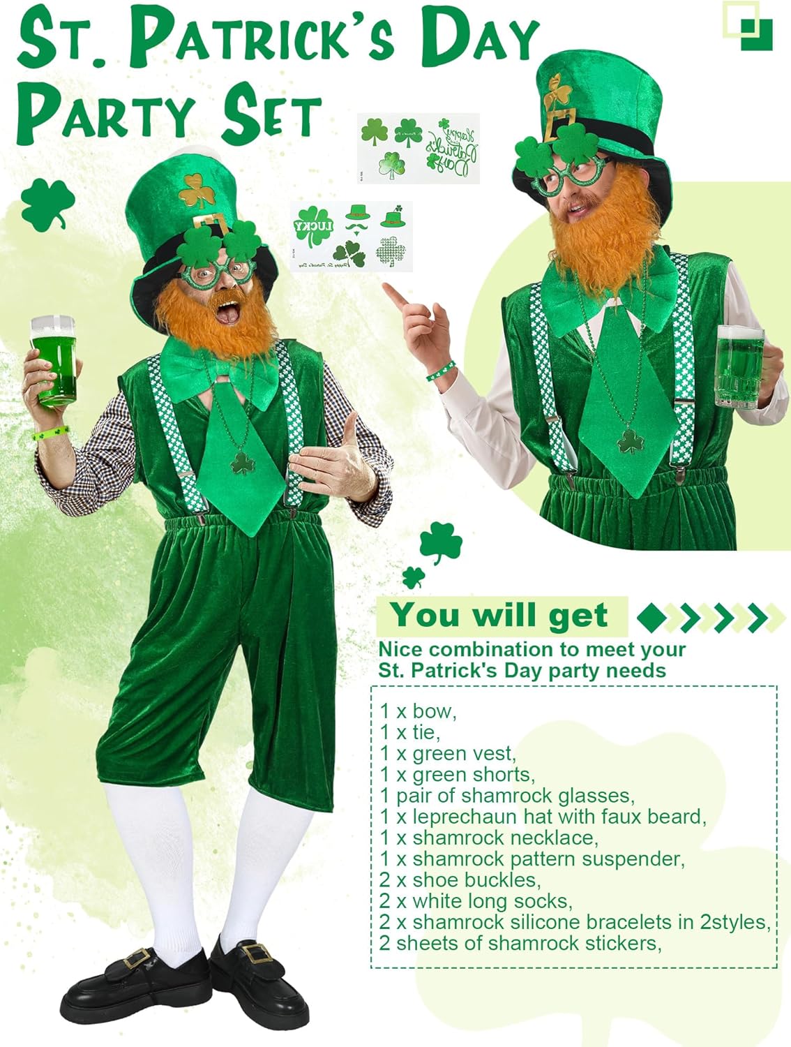 Leumoi 16 Pcs St. Patrick's Day Party Costume Include Leprechaun Hat with Beard Vest Suspender Shorts Bow Tie Shamrock Necklace Glasses Long Socks Gold Shoe Buckles Stickers for Irish Party Decoration - Image 5