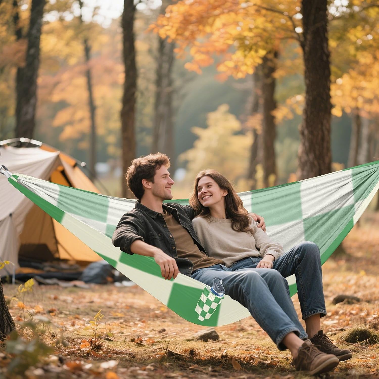 Green Beige Checker Plaid Camping Hammock Fabric Hammock for Outside Camping Essentials
