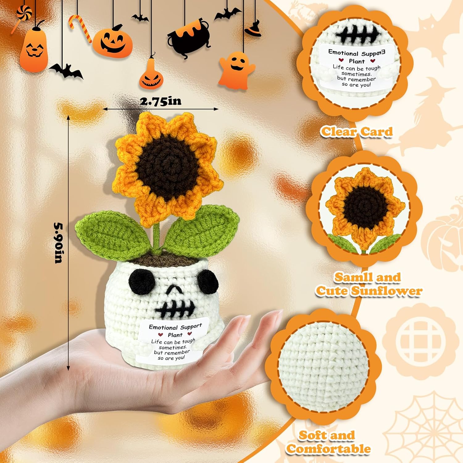 Funny Positive Energy Crochet Sunflower, Halloween Decorations Indoor Gifts, Cute Sunflower Gift for Spooky Season, Happy Home Office Decor Handmade Sunflowers Crochet Doll for Women Men Friend