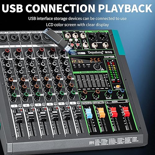 Miniatura 6 de Depusheng MX6 Mezclador de sonido de 6 canales Consola de mezcla de audio 48V 256DSP Profesional USB PC Play Record Podcast Live Broadcast (US MX6)