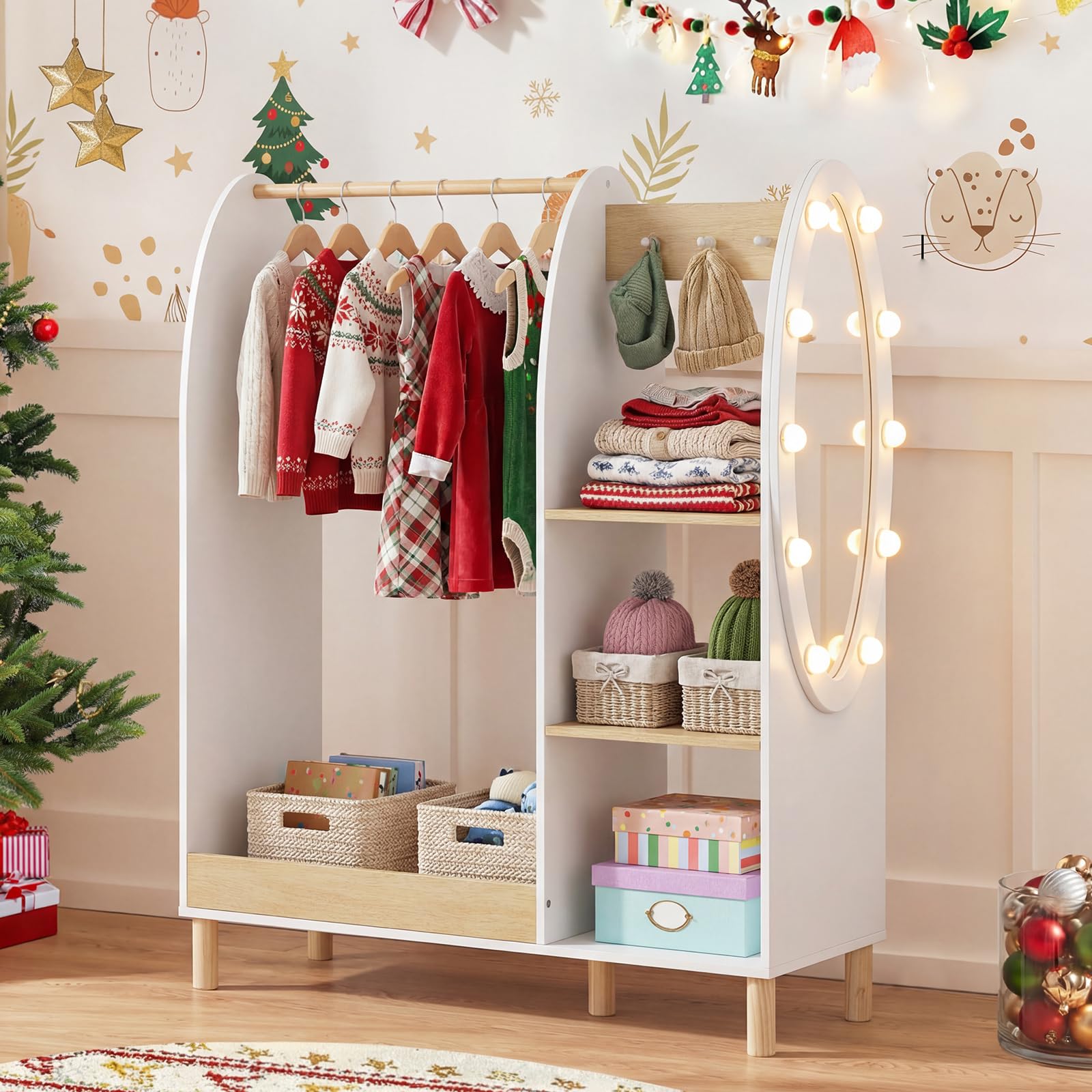 COSTWAY Armario Infantil con Espejo y Luces, Armario de Ropa con Estantes y Ganchos para Niños