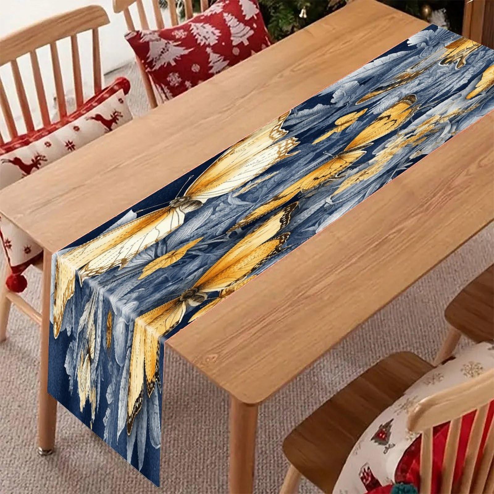 Adfgyerh Style Several Species Of Butterflies Table Runner，Pure Linen Chambray ,Boho Table Runner，Heavy Duty Washable Fabric Decorations ，For Party Kitchen Dining Table Coffee Holiday Party Decor (12X70.87 Inches)