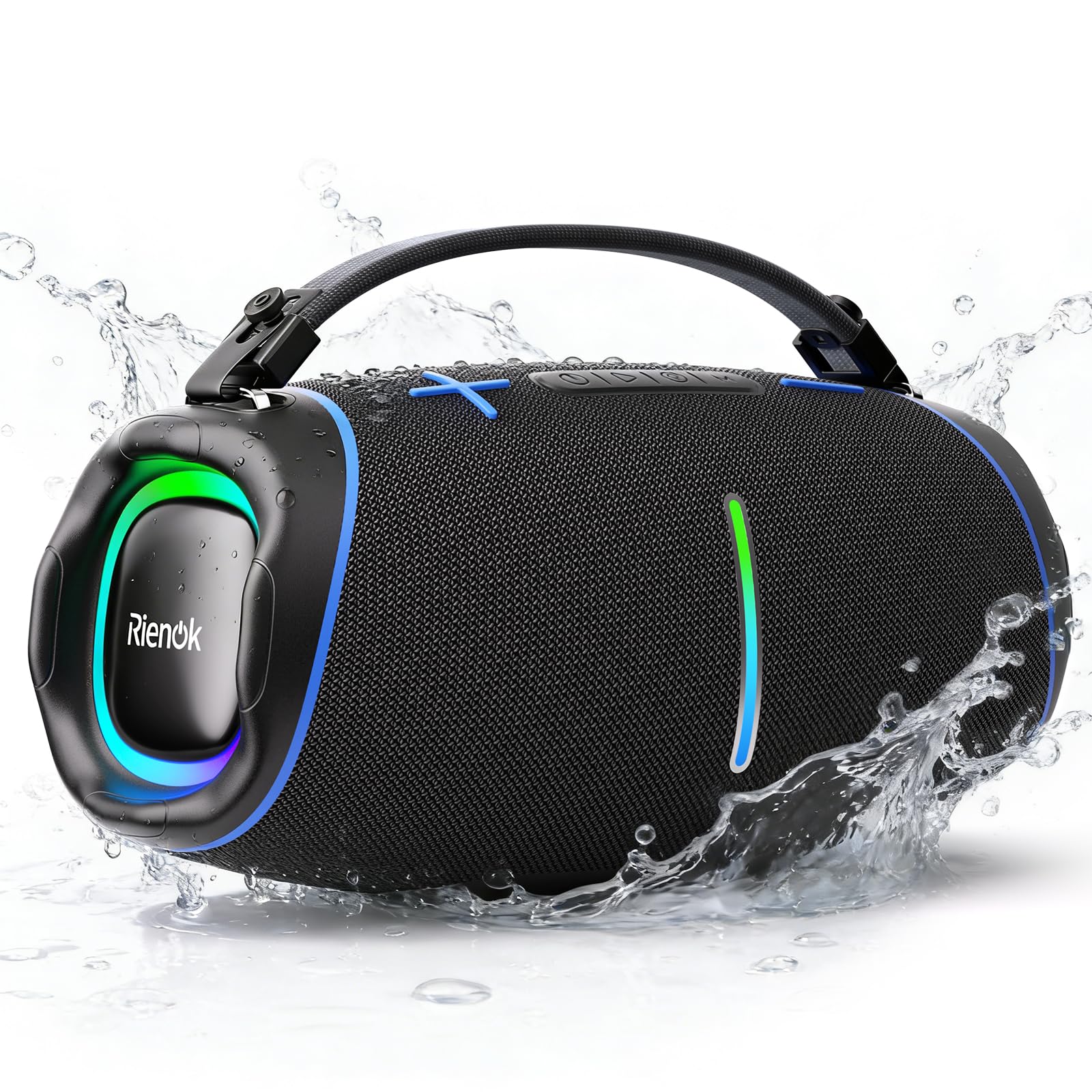 RIENOK Enceinte Bluetooth, 100 W Enceinte Puissante, 2 Tweeters et 2 Woofers, 5200 mAh Haut Parleur Bluetooth 5.3, 30H, IPX6, 128Go, Port Clé USB, AUX et TF Carte, pour Fêtes Soirées Voyage Extérieur