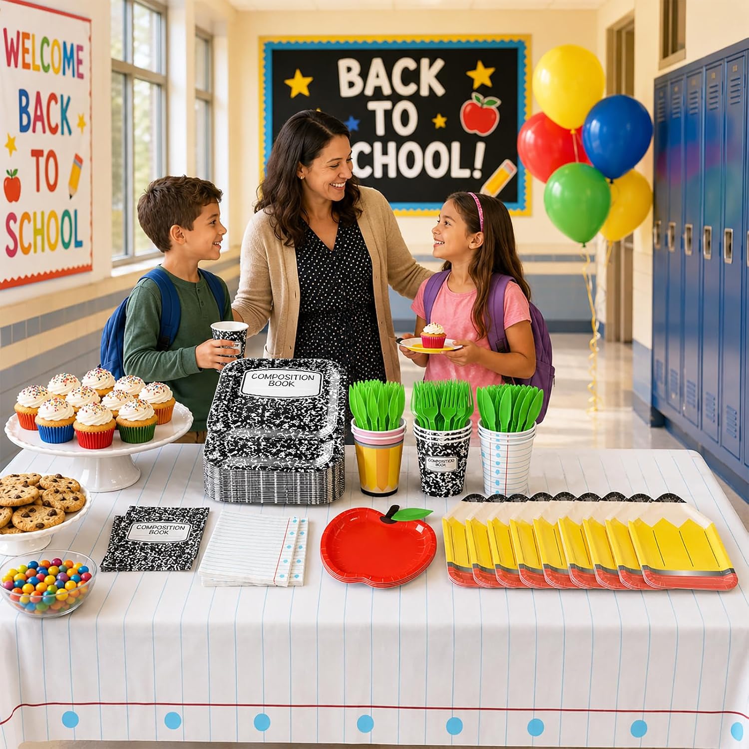 Back To School Decorations, 169Pcs School Party Decorations includes Apple Pencil Plates Composition Notebook Napkins and Notebook Tablecloth, for First Day of School Party Supplies, Serve 24