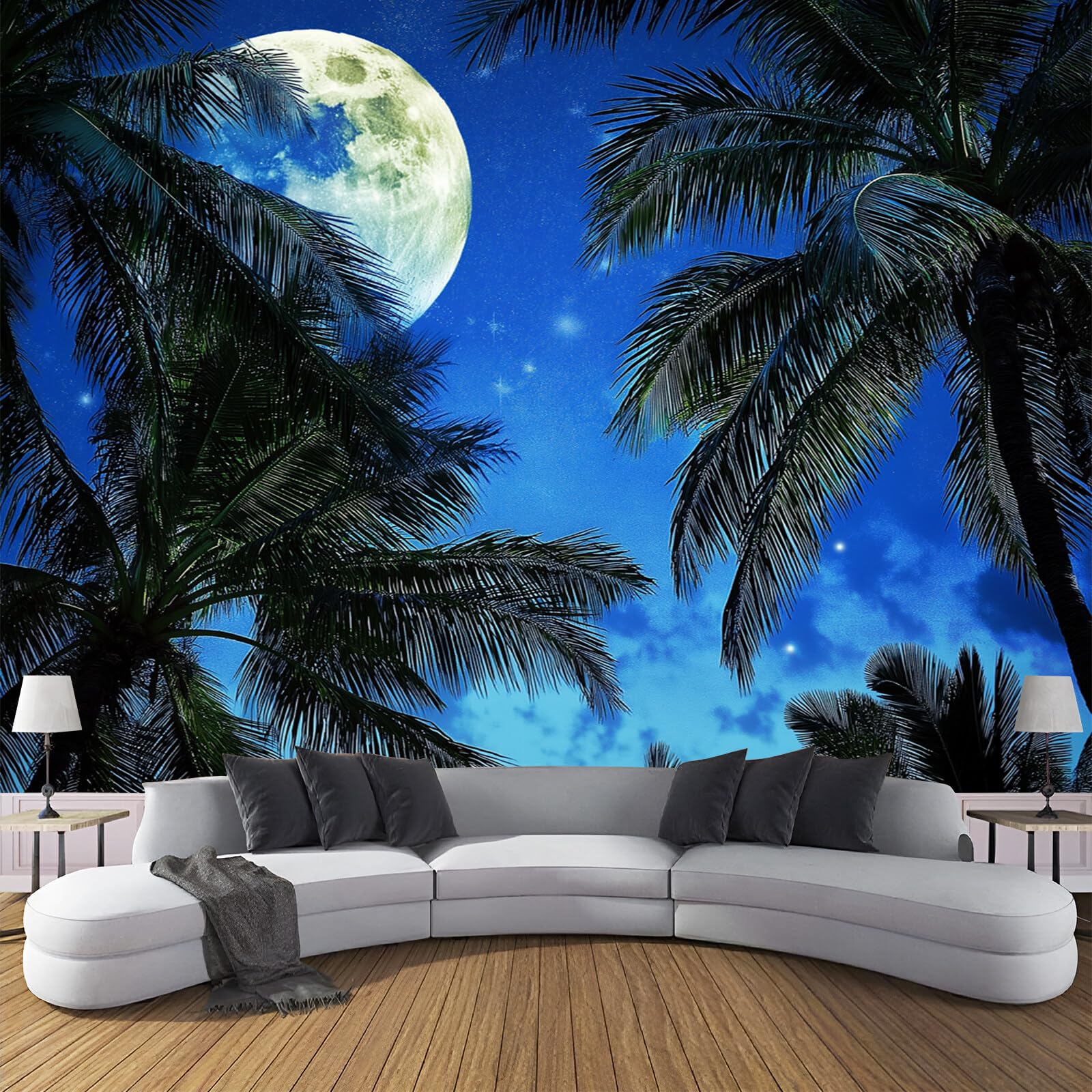 Carta Da Parati 200X140Cm Palma Della Luna Fotomurali Seta Murale Alla Decorazione Da Muro Xxl Poster Cameretta Per Camera Da Letto Soggiorno Paesaggio Tropicale 3D Pittura Blu-Verde