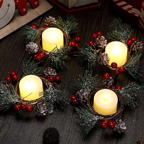 Miniatura 4 de 8 velas votivas flotantes de Navidad con piña nevada, candelabros, coronas, sin llama, impermeables, con corona de velas para decoración del hogar,