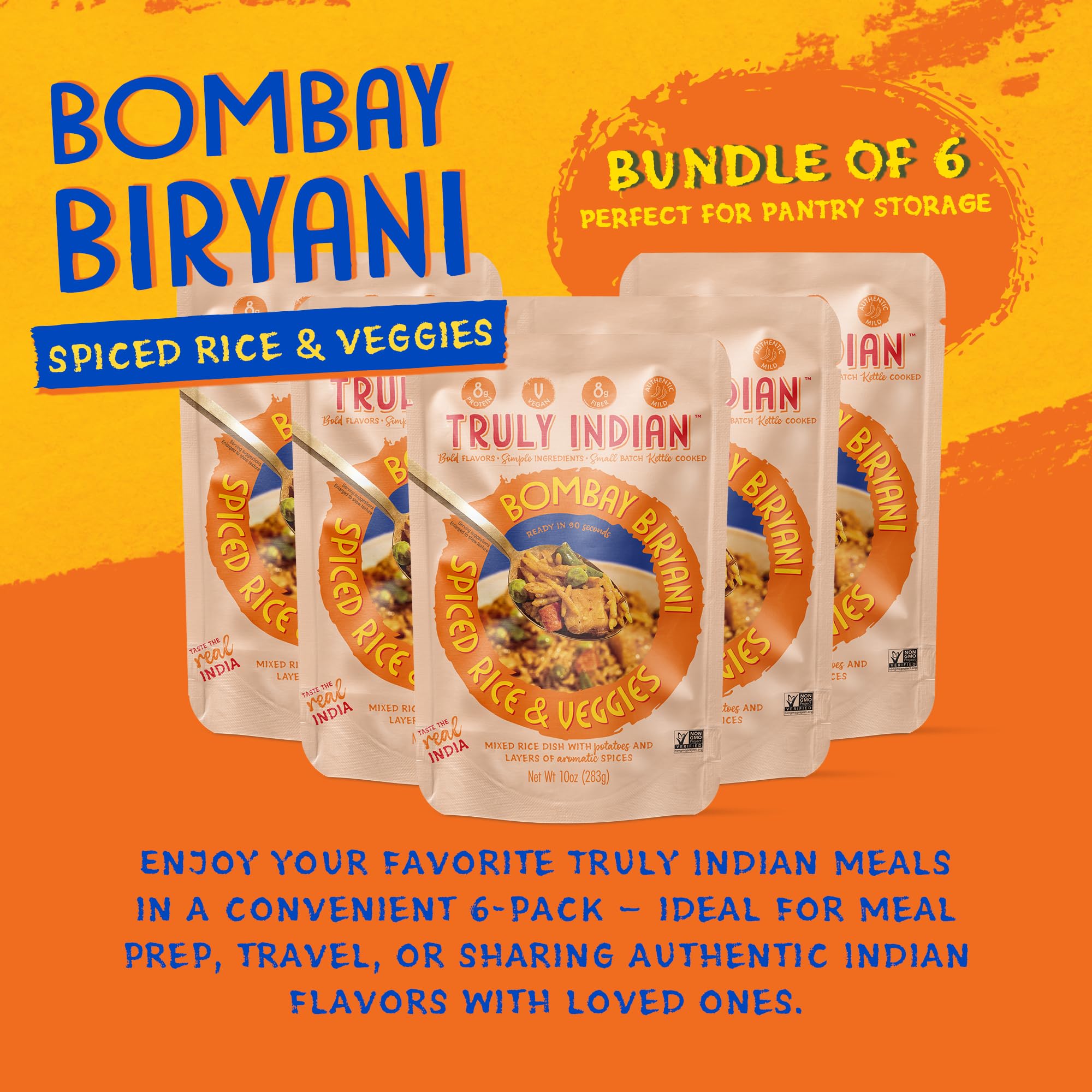 Truly Indian Bombay Biryani Rice 6-Pack | Long-Grain, Aged Basmati Rice | Authentic Traditional Indian Food, Rice Dishes Made With Locally Grown Ingredients | Ready to Eat, Vegan, Microwaveable Meal