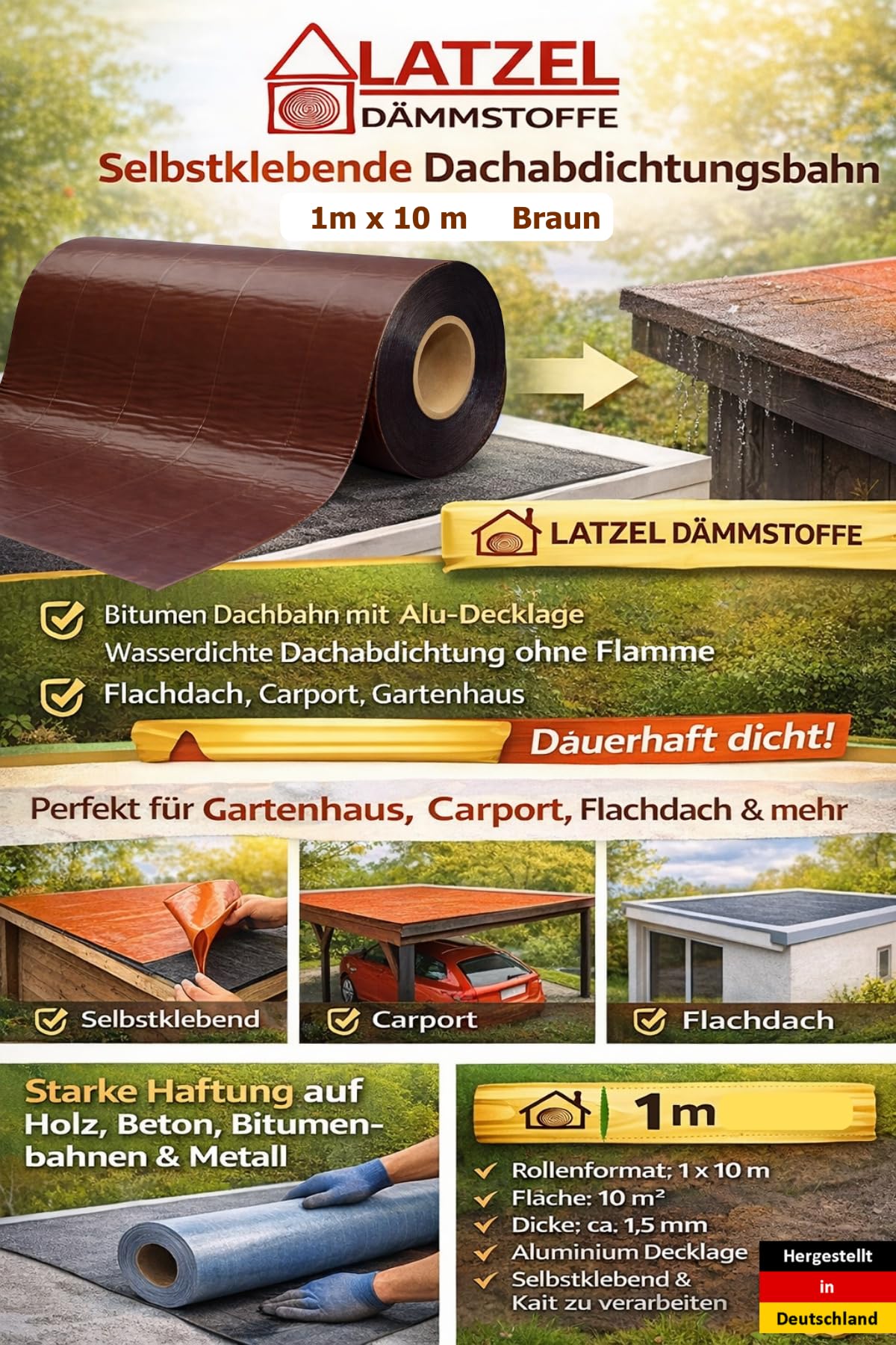 Selbstklebende Dachabdichtungsbahn 1 x 10 m Braun – Bitumen Dachbahn mit Aluminium-Decklage – wasserdichte Dachabdichtung ohne Flamme – für Carport, Gartenhaus & Flachdach Rolle 10 m²