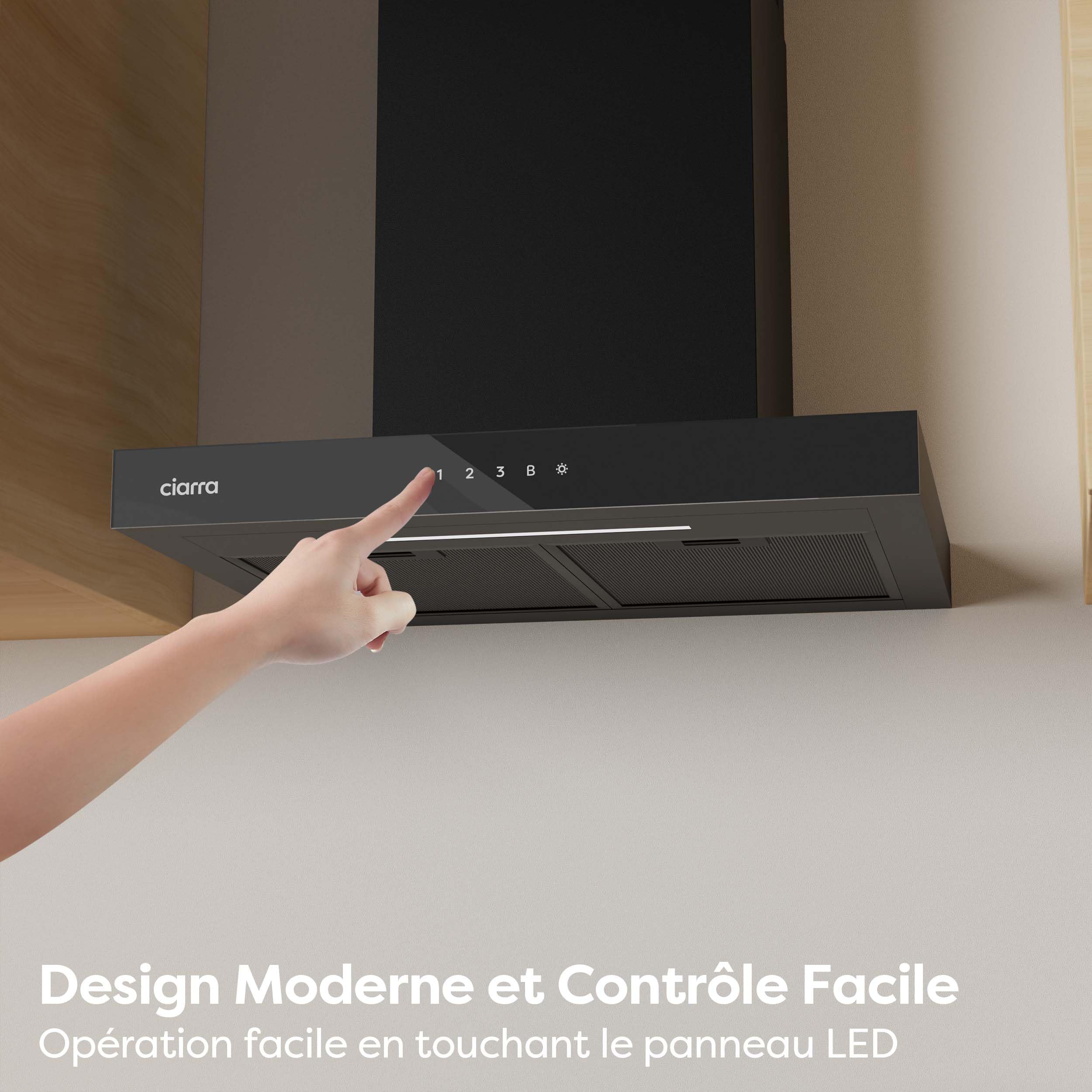 CIARRA CBCB6102 Hotte Aspirante 60 cm A+++ 650 m³/h - App & TouchControl - 4 Vitesses + Booster - Recyclage & Évacuation - Filtre à Charbon CBCF003 - Noire