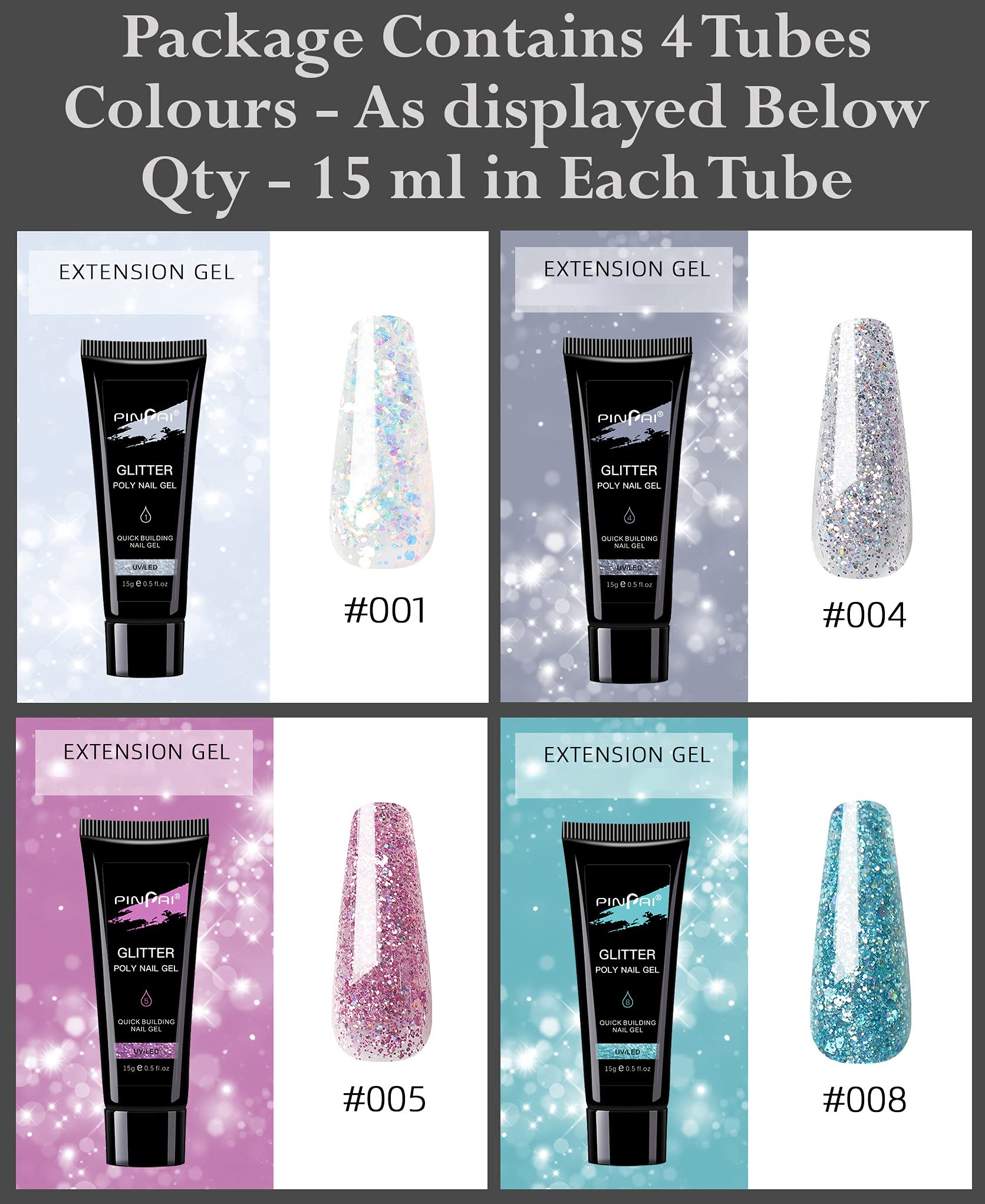 PINPAI Glitter Poly Nail Gel 4 Tubes 15Ml Each Multicolour, Glitter Finish