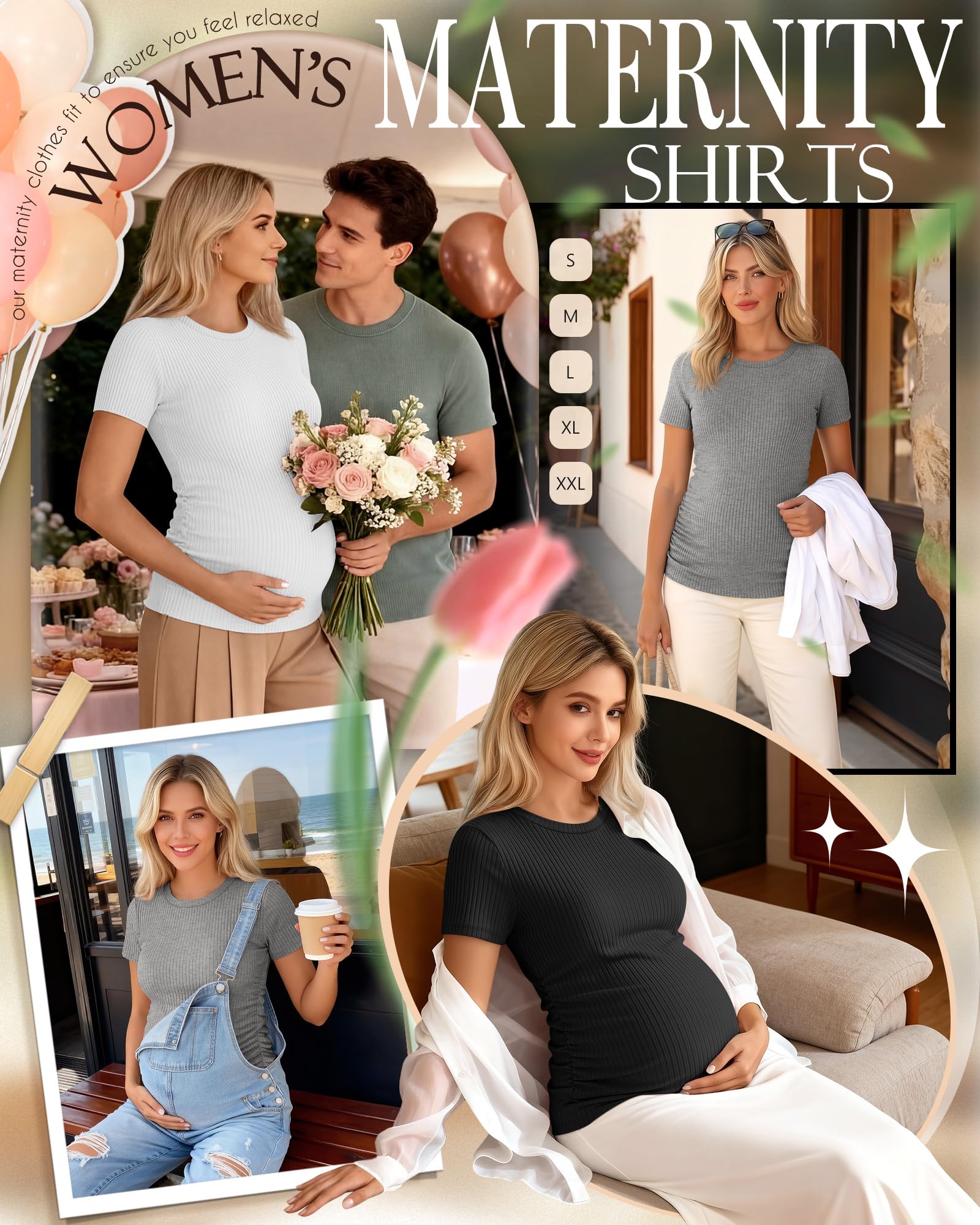Ficerd Pack de 3 Chemises de Grossesse en Coton, Manches Courtes, Plissé Latéral, Tissu Rayé