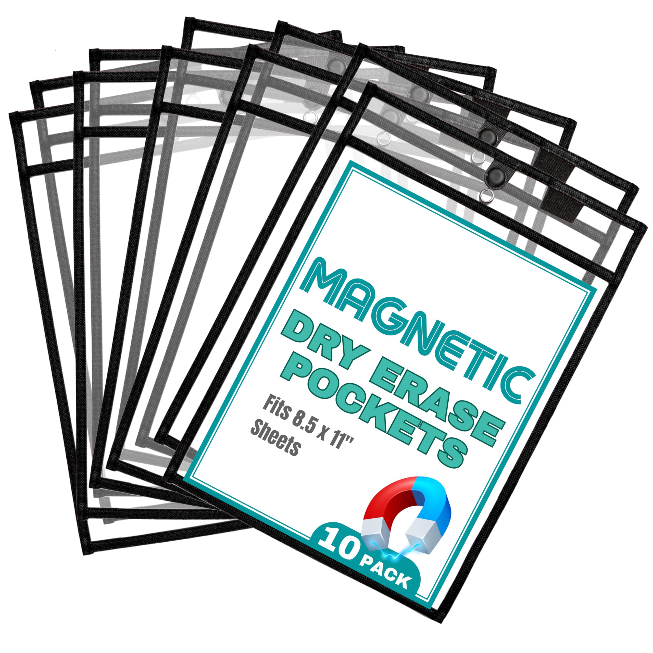 Magnetic Dry Erase Pockets by Two Point (10-Pack) - Portrait - Black Dry Erase Pocket Sleeves, Job Shop Ticket Holders, Clear Paper Sleeves Protector,