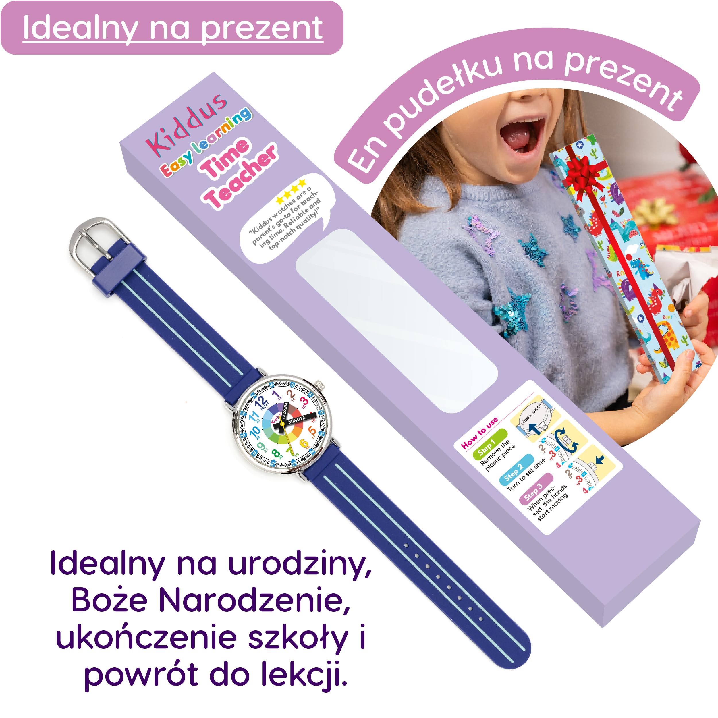 Kiddus Reloj Educativo Infantil para Niño y Niña a Partir de 5 Años, Sumergible 5ATM, Reloj Analógico para Aprender la Hora, Mecanismo Japonés