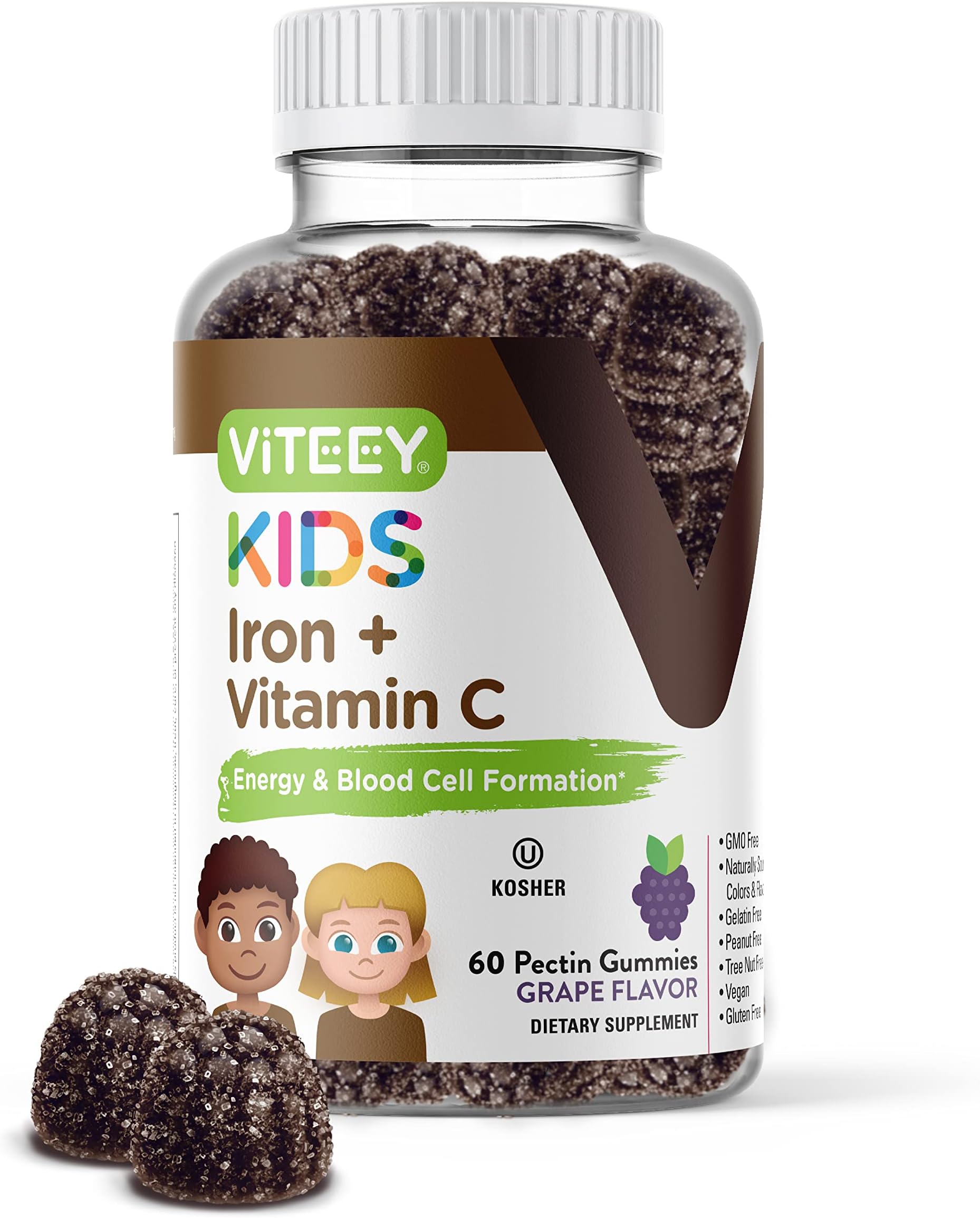 Viteey Iron Gummies for Kids with Vitamin C - Supports Energy, Blood Cell Formulation, Blood Builder Anemia Kids Iron Supplements - Vegan, Gelatin Free, Gluten Free - Tasty Chewable Grape Flavored