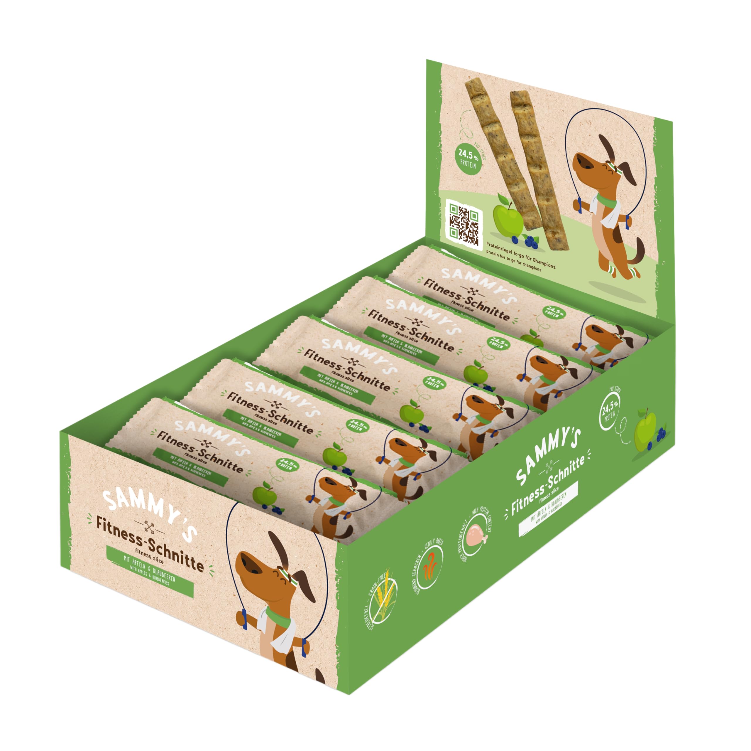 Sammy´s Fitness Schnitte mit Äpfel und Blaubeeren , Proteinreich| Schonend hergestellt & luftgetrocknet | Getreidefrei | Hundeleckerli | Trainingssnack | Frisch Fleisch | 20 x 25 g