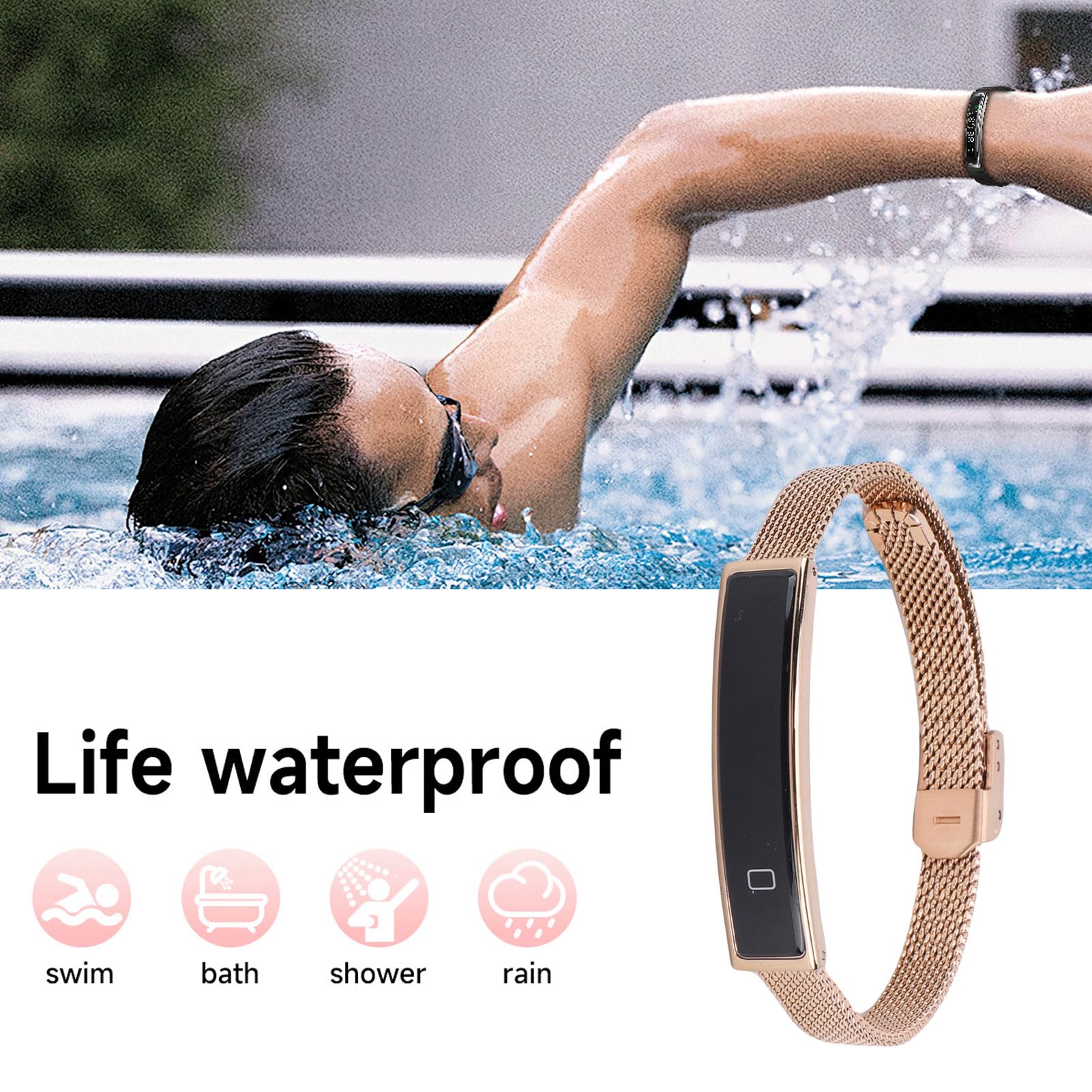 banapoy Bracelet Intelligent, Traqueurs de Fitness, Cadeaux pour Noël, Femmes et Hommes, Téléphone Bluetooth, Obturateur à Distance, étanche pour la Course à Pied, Le Cyclisme (Gold)