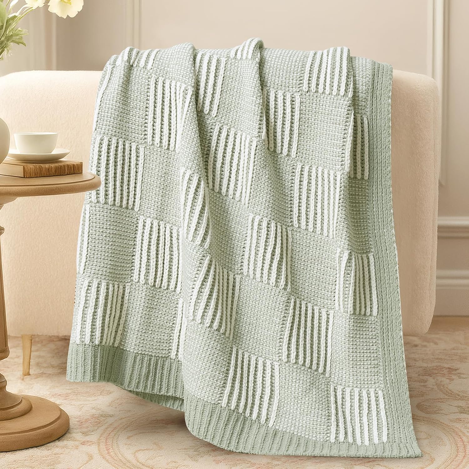 Amélie Home Checkered Knit Throw Blanket for Couch, Chenille Texture Decorative Soft Blanket for Sofa & Chair, 50"x60", Sage Green & White - Image 9