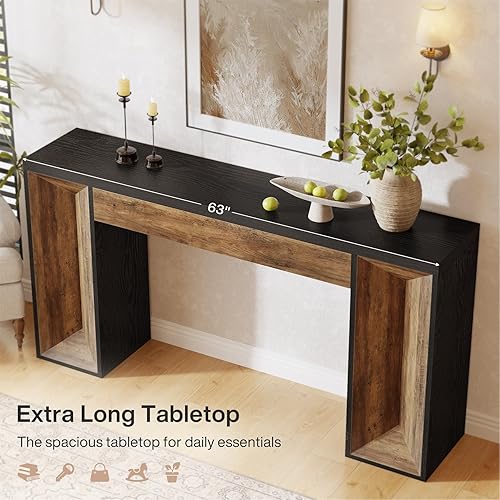 Miniatura 6 de Tribesigns Mesa consola de 63 pulgadas, mesa de entrada de granja con diseño de doble tono, mesa rectangular de madera para sofá detrás del sofá,