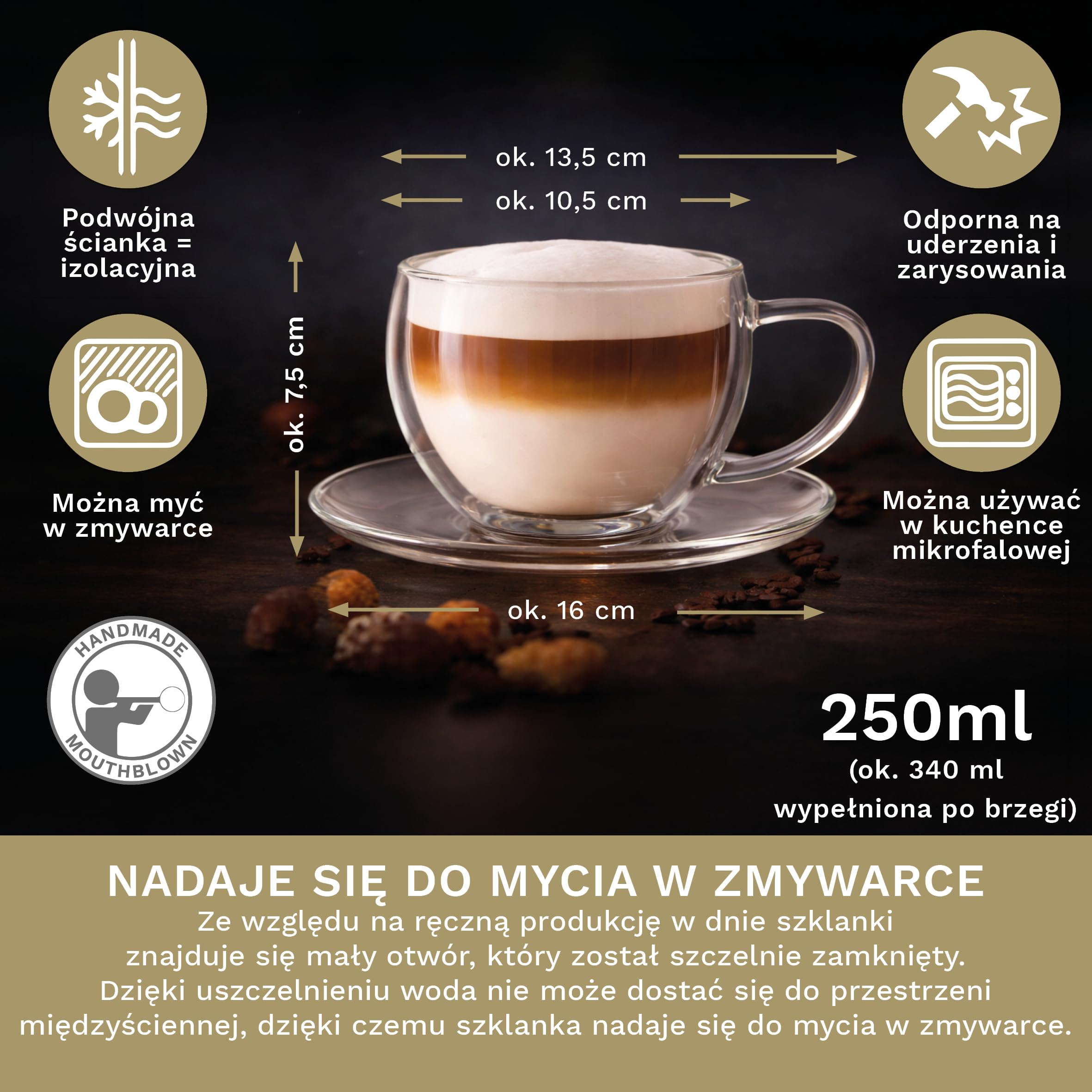 Creano Kubek termiczny z podwójnymi ściankami do herbaty/latte macchiato kubek do cappuccino z podstawką 250 ml, zestaw 4 sztuk