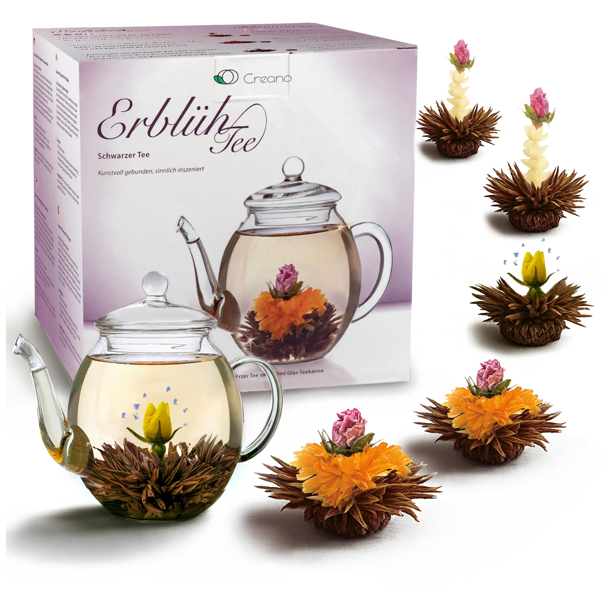 Creano Teeblumen Geschenkset - Erblühtee mit 500ml Glaskanne & 6x Schwarzer Tee - Geschenk zu Weihnachten Geschenk für Frauen und Teeliebhaber