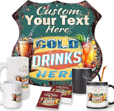 BP-0759 Customize Your Text Here Cold Drinks Here Custom Personalized Chic Sign Coaster Mugs Rustic Vintage Style Retro Kitchen Bar Pub Coffee Shop Decor 11.75" Shield shape Metal Plate Sign Home Store Man cave Decor Gift Ideas Green