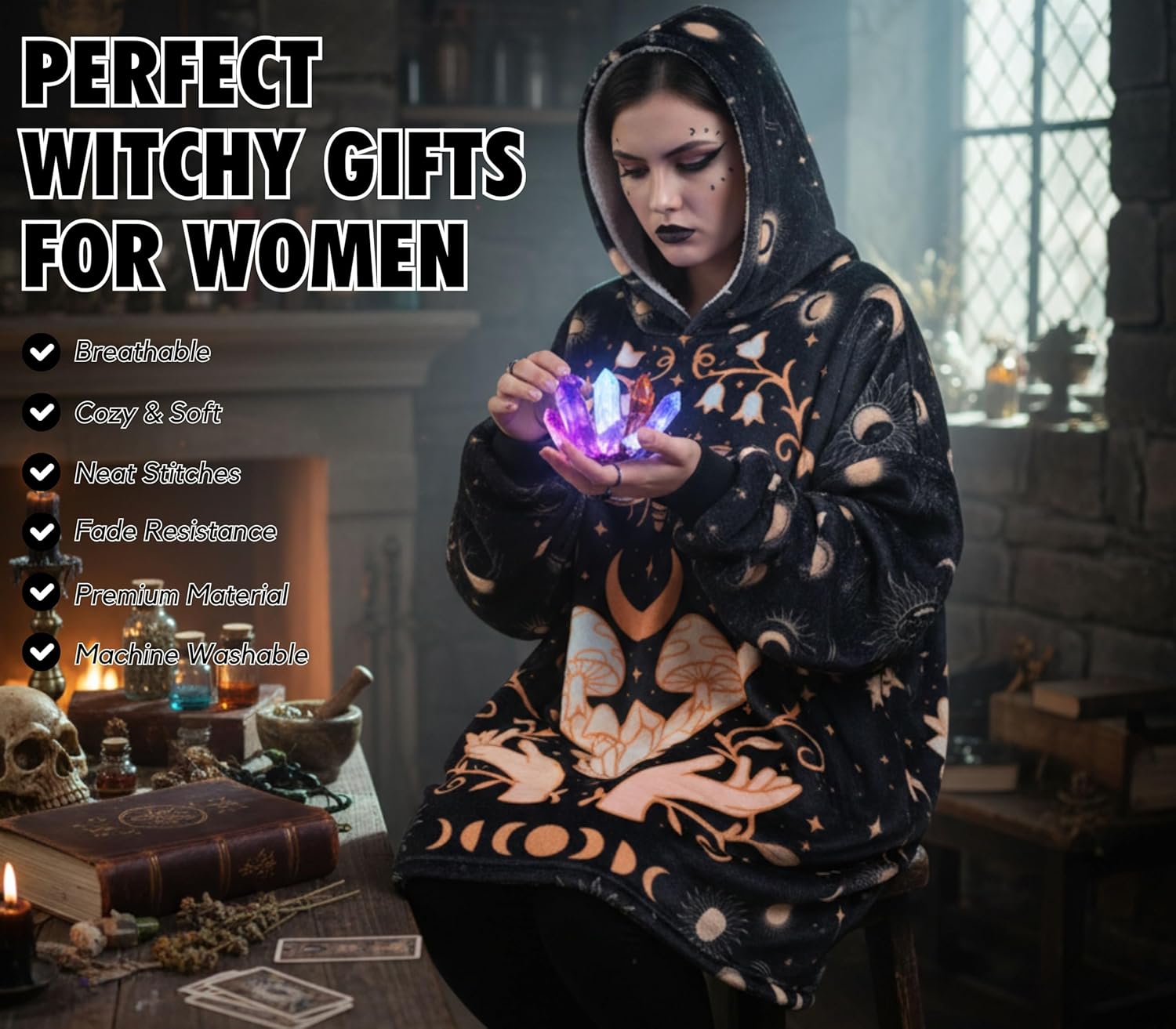 Witchy Gifts for Women, Wearable Flannel Spiritual Blanket Hoodie, Super Soft Warm Cozy with Giant Pocket