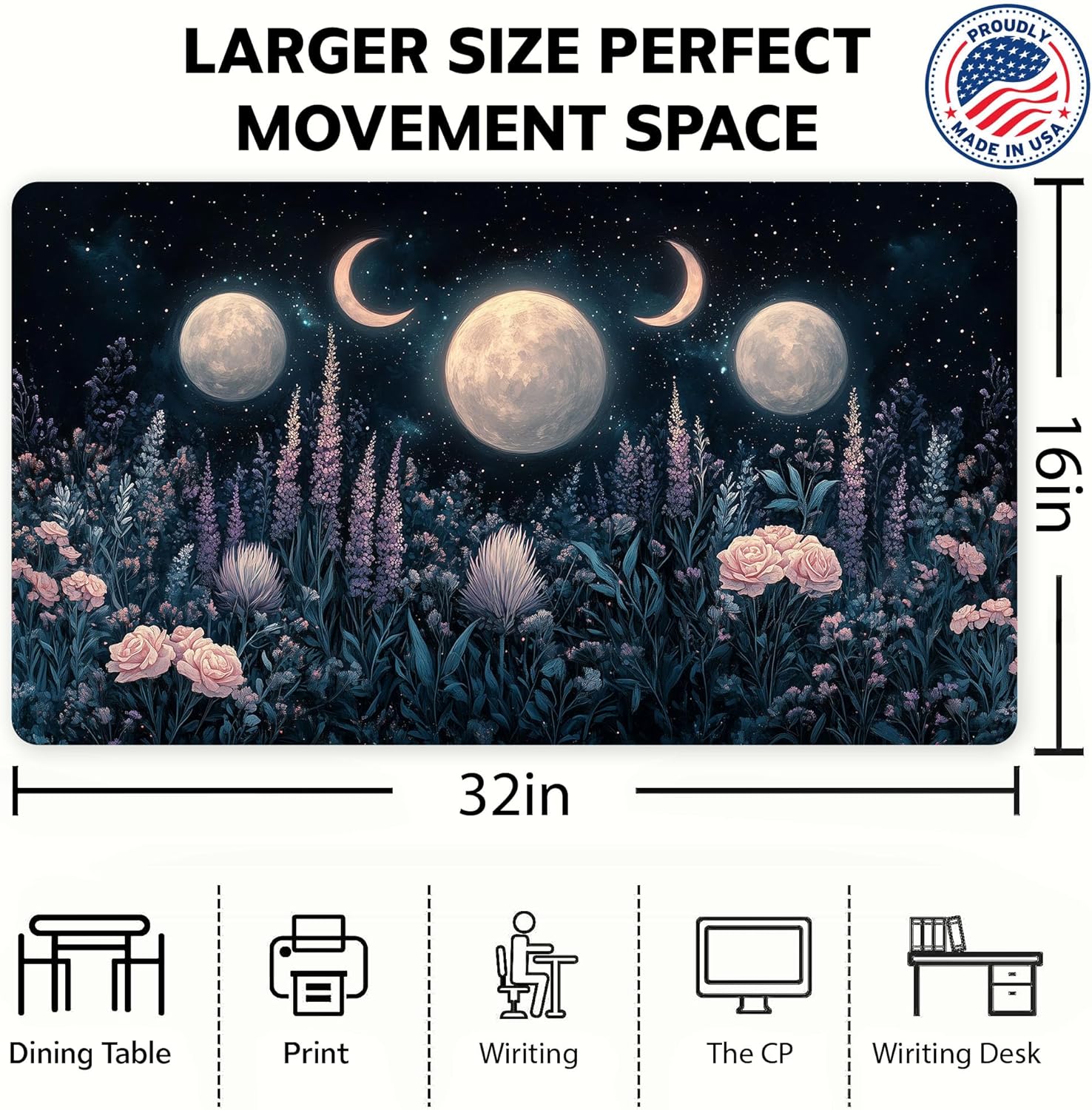 Celestial Moon Phase Desk Mat, Large Extended Mouse Pad with Mystical Lunar Design & Floral Elements, Waterproof Non-Slip Gaming Deskmat for Office, Home, Astrology Lovers & Witchy Gifts, 31x15in