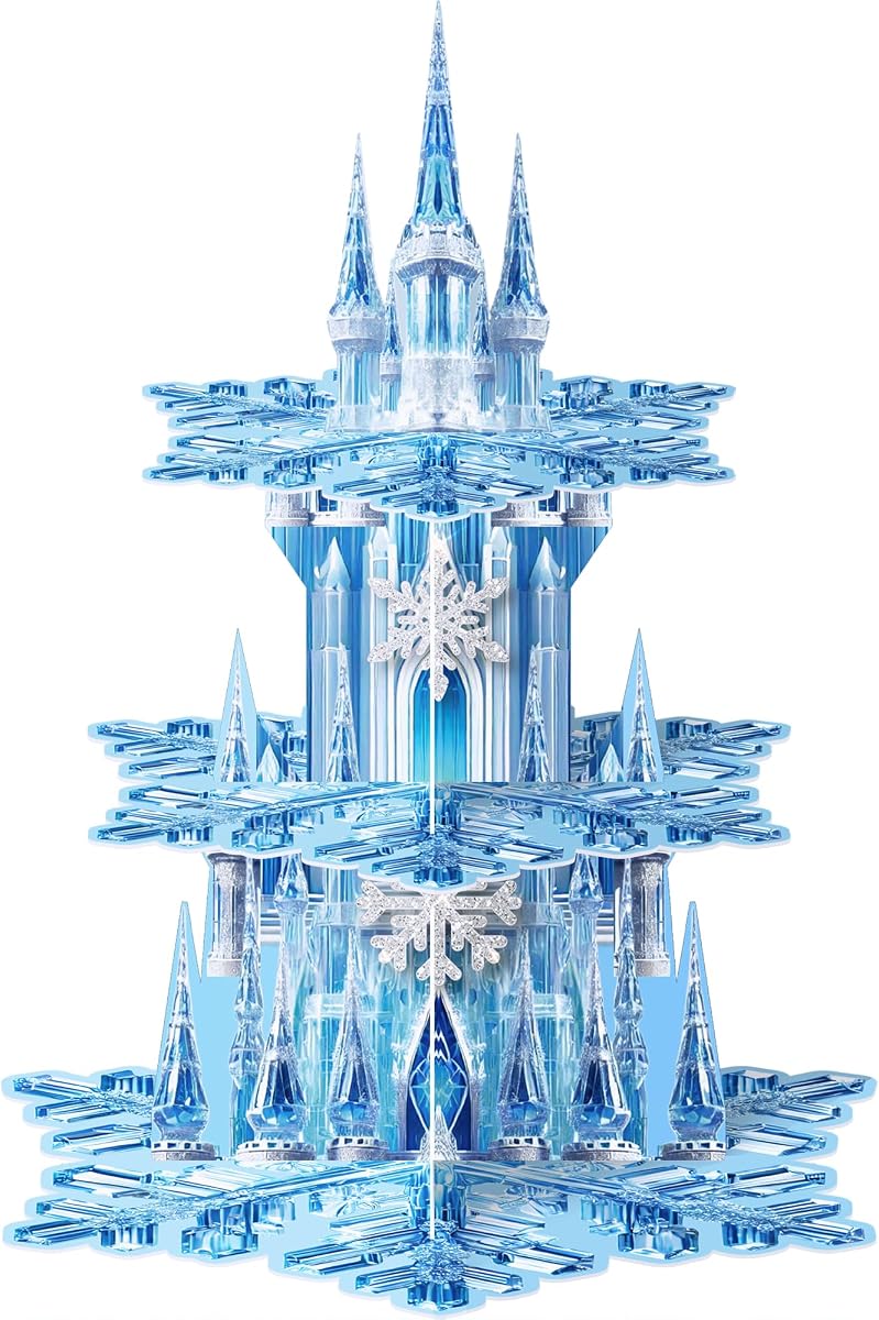 Generic 3-Tier Frozen-Themed Dessert Stand, Blue, Paper, Rectangular, Tiered Tray, Frozen Theme, Classic, Matte Finish, Holds 24 Cupcakes