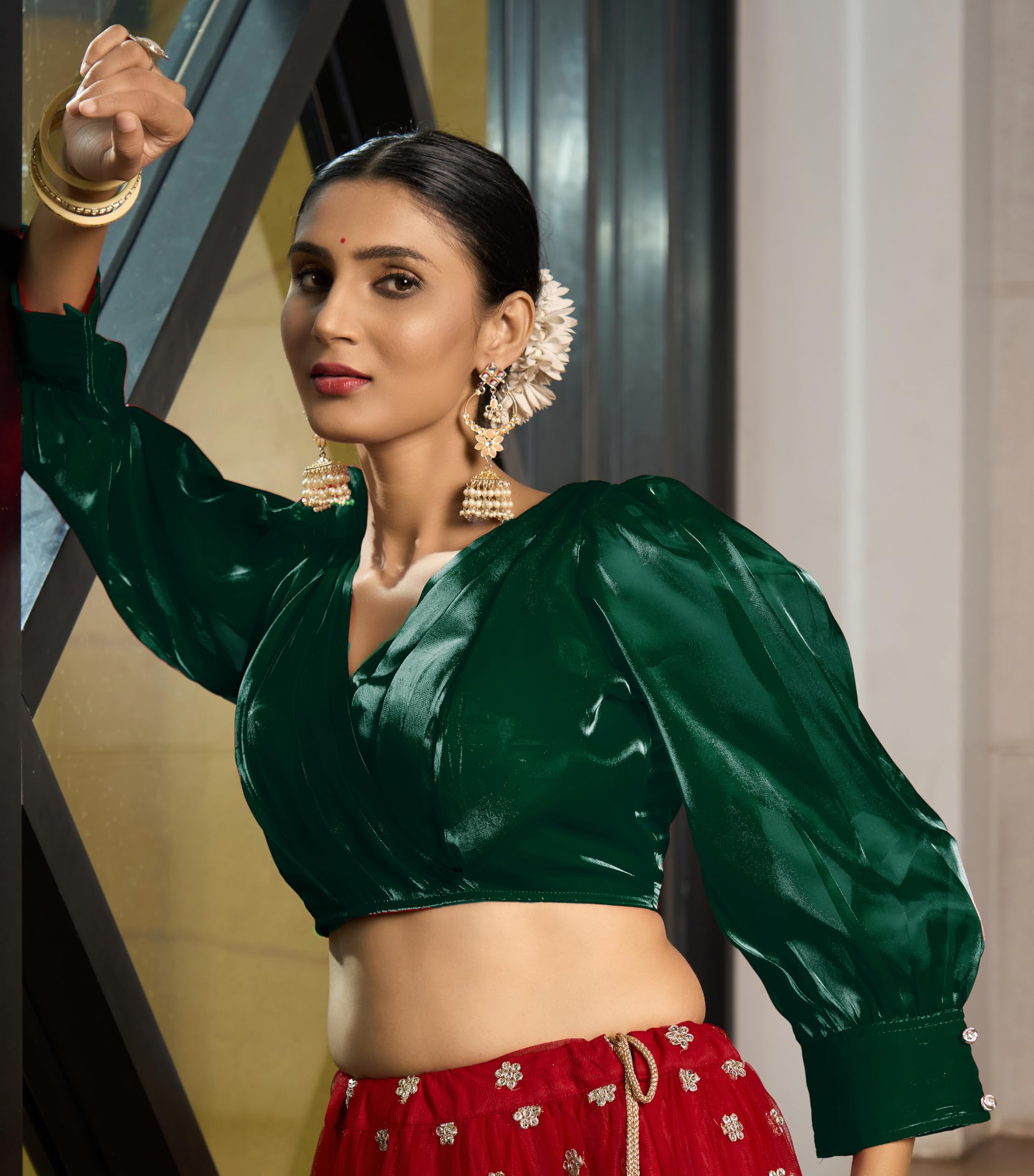 Pujia Mills Women's Rafale Silk Full Balloon Sleeve V Neck Blouse(Gangu) (Green, 40)