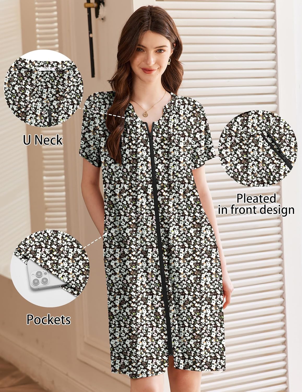 EKOUAER Women Zipper Robes Short Bathrobe Lightweight Mumu Duster House Coat with Pockets Soft Moo Moo Nightgown - Image 4