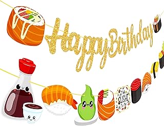 Sushi Happy Birthday Party Banners 2Pcs Glitter Sushi Garland Banners Let's Roll Sushi Party Cutout Banners Japanese Sushi Party Decorations for Sushi Theme Baby Shower Supplies