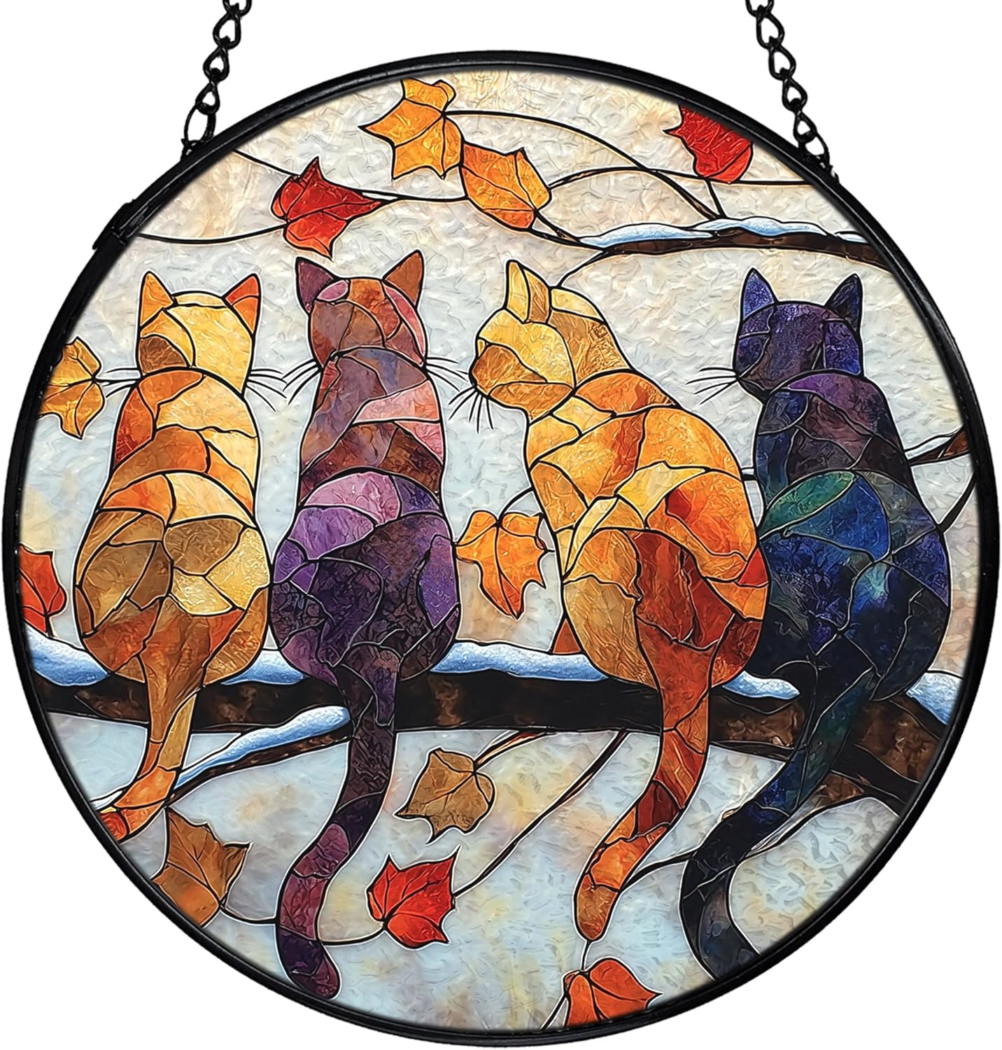 Cat Gifts Winter Suncatcher Stained Glass Window Hanging, Rustic Autumn Black Cat Sun Catchers Indoor Window Glass Wall Art Decor, Fall Wall Hanging Decor Decorations, 7.9x7.9 Inch