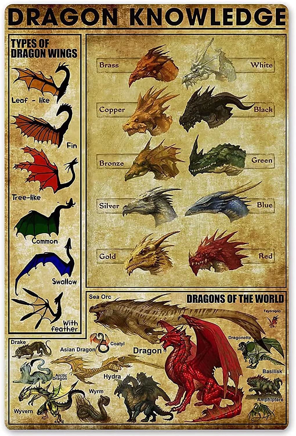 Dragon Knowledge Dragon Wings Vintage Poster Metal Tin Sign Iron Painting Plaque Wall Decor Bar Club Novelty Bathroom Cafe Store 8x12 Inch