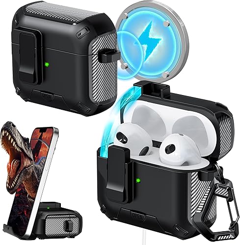 RFUNGUANGO - Funda para AirPods compatible con MagSafe, protección contra caídas, con función de soporte y herramienta de limpieza, A-negro
