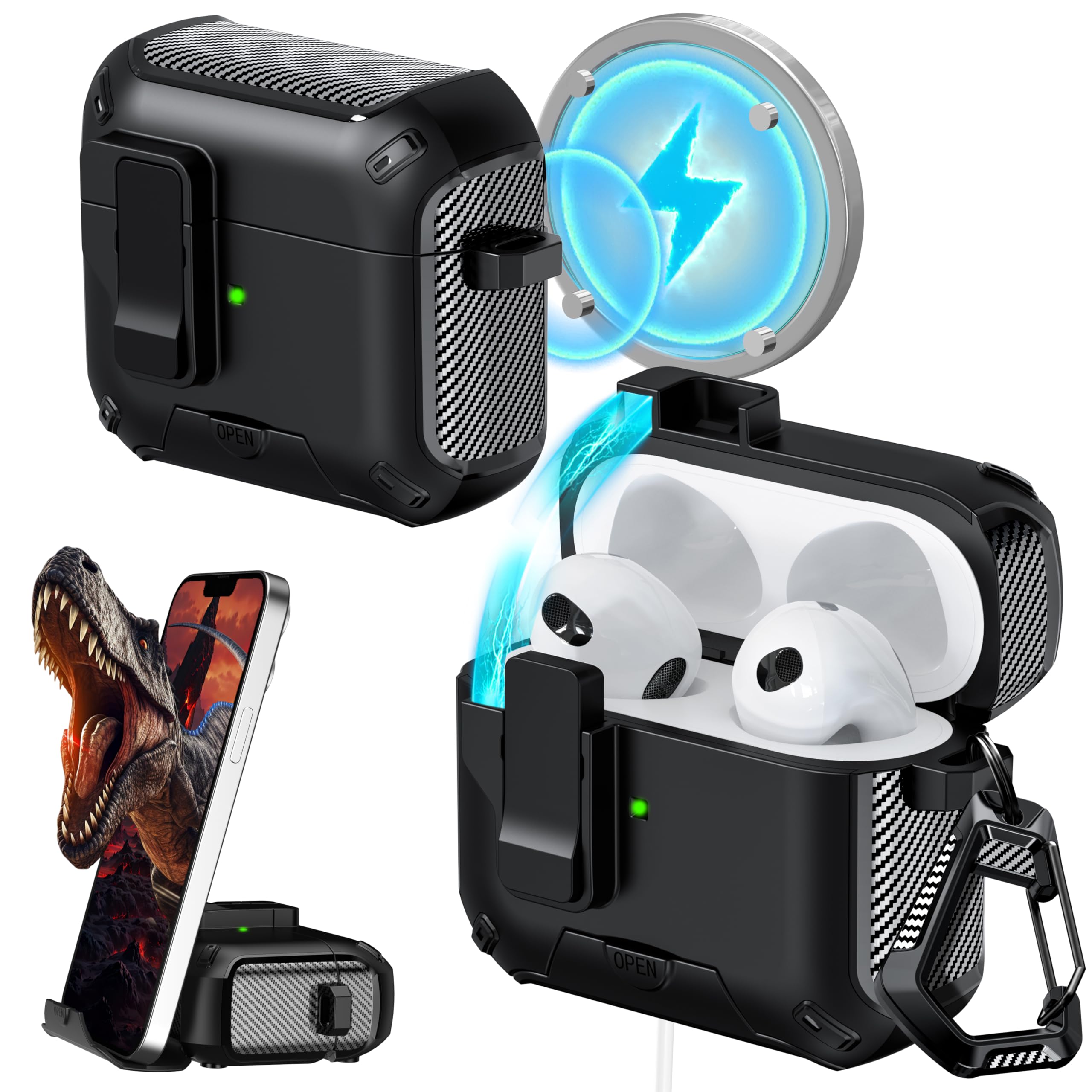 RFUNGUANGO for AirPods Case (2021, 3rd Generation), Compatible with AirPods 3rd Generation, Compatible with MagSafe, Drop Protection Case with Stand