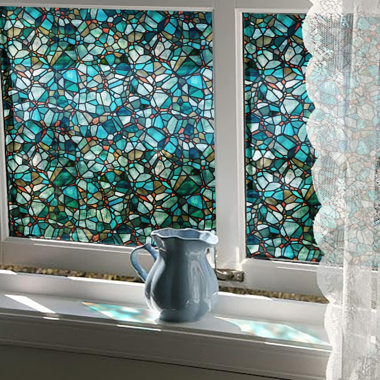 funlife Original Hand-Drawn Privacy Stained Glass Window Film, Single Sided Static Cling Window Cling Suitable for Entryway, Reusable Glass Windows Door Decor, Pine Cobblestones, 16.93