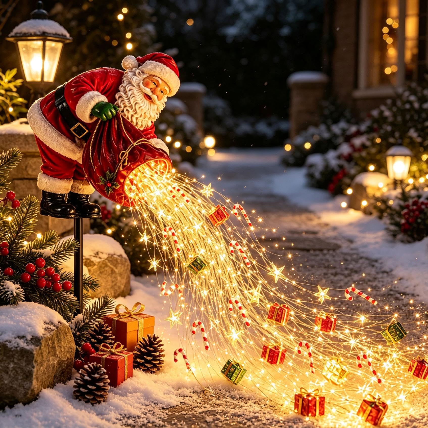 Santa Pour, Solar LED Christmas Garden Stake Light, Flowing LED Light Effect with Warm Glow, Christmas Solar Decorations Outdoor, Solar Powered Santa Outdoor Decor for Yard, Patio, Pathway and Garden