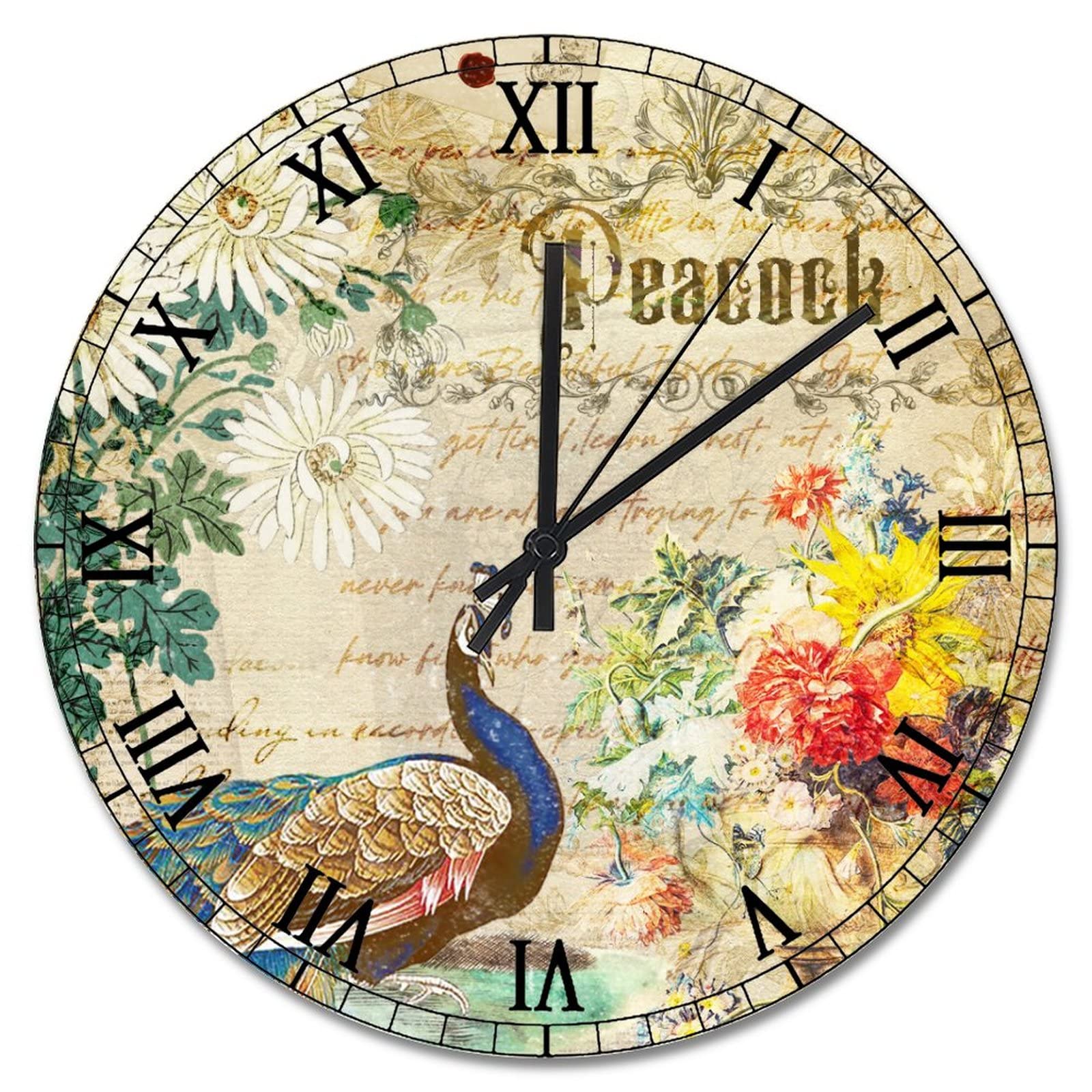 Horloge murale paon coloré pour salon rustique et chambre à coucher