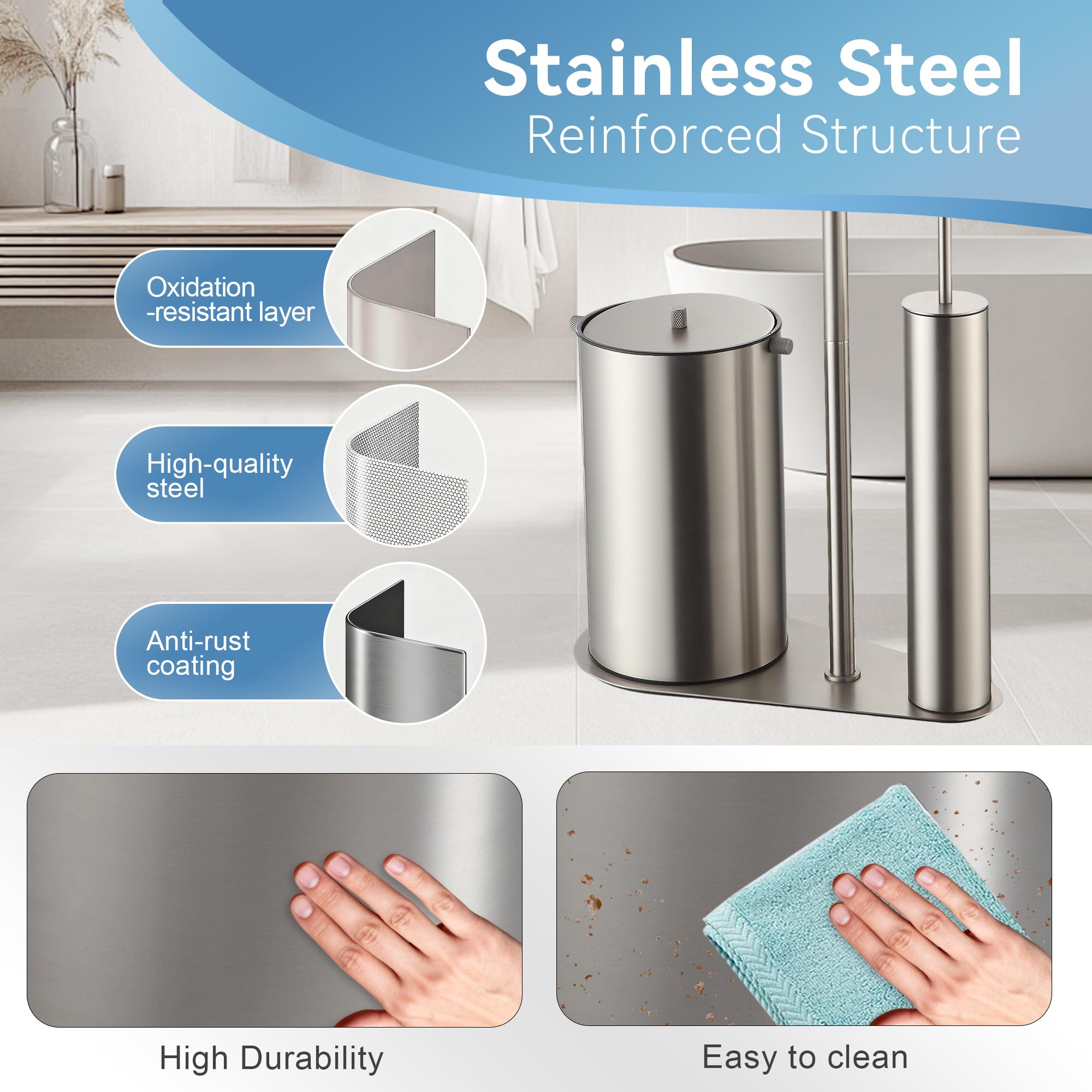 DAZI Portarrollos Papel higiénico con escobilla WC y Papelera, Set 3-en-1 de Acero Inoxidable con 2 Cepillo PP, Portarrollos para baño Ideal para Hogar, Apartamento y Aseo (Nickel Cepillado)