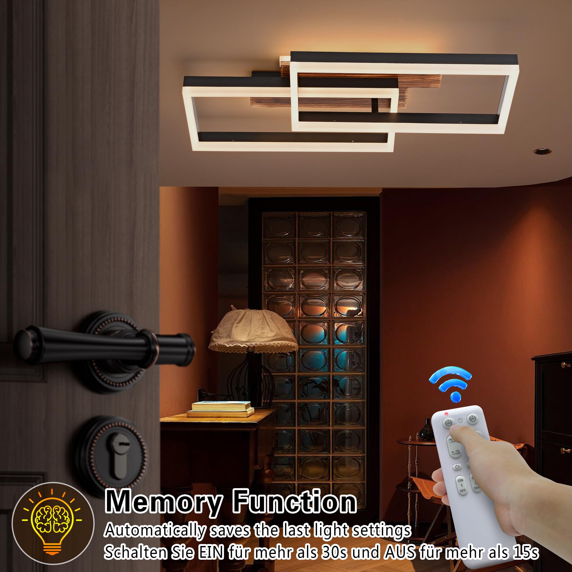 Plafoniera LED Soffitto legno dimmerabile, Vintage plafoniera Camera da Letto, Plafoniere rettangolare nera con telecomando, 48W 60cm 4800lm 3000K-6000K, Funzione di memoria, Luce notturna da 4W