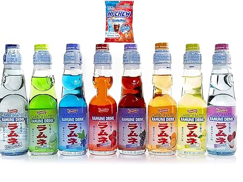 Shirakiku Ramune - Soda japonesa Varrety paquete de 8 unidades con 1 bolsa de Ramune Soda Candy