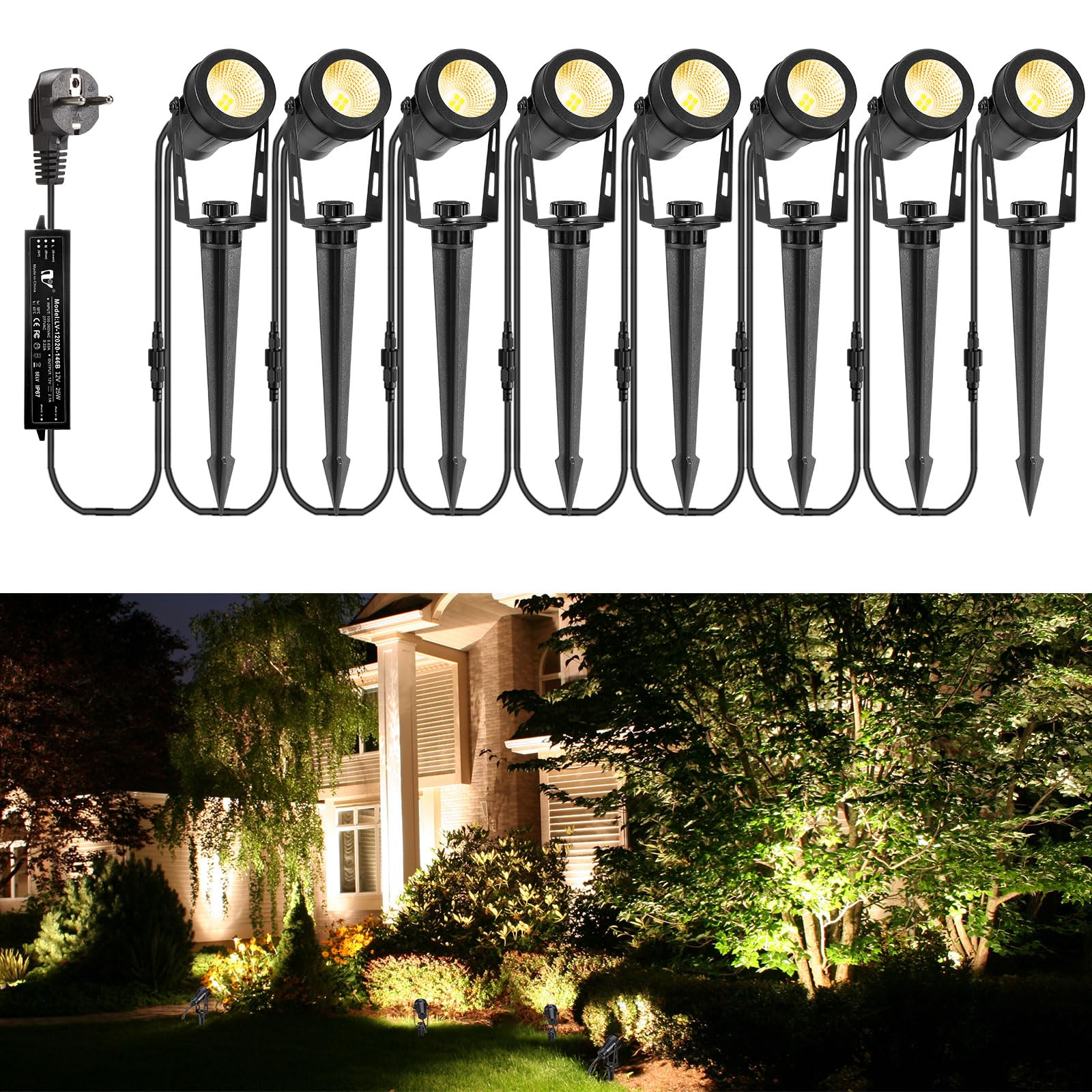 ECOWHO Led-tuinverlichting, 12 V, 3 W, met grondpen en stekker, IP65 waterdicht, tuinverlichting, tuinspots met kabel voor buiten, tuin, gazon ( warmwit, verpakking van 8 stuks