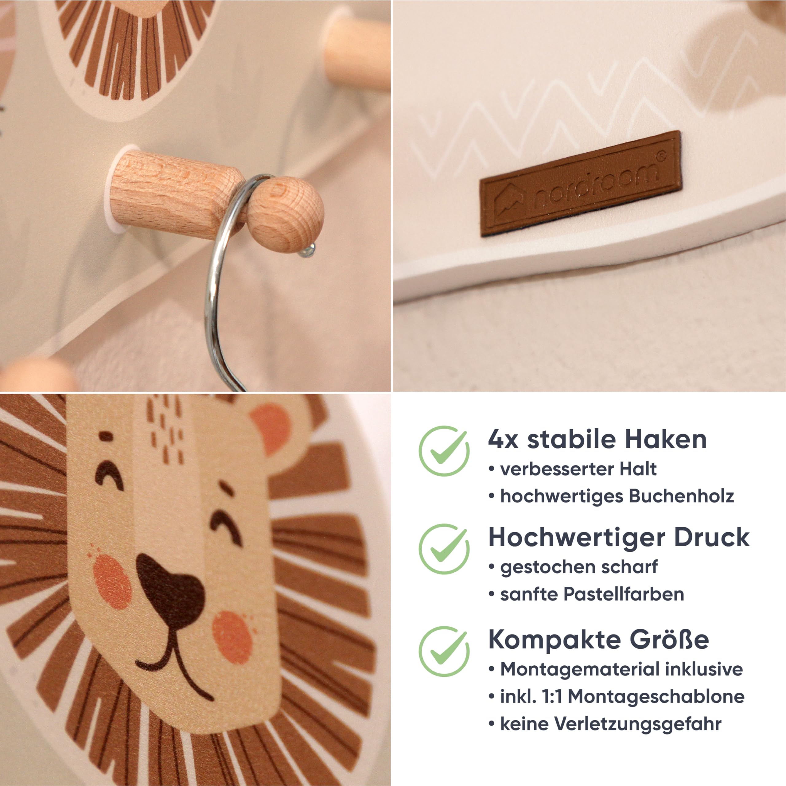 nordroom Children's Wardrobe with 4 Hooks Wall Coat Rack with Animal Motifs for Children's Rooms Wooden Coat Hooks Children's Wardrobe "mikkvill" for Drilling Coat Hooks Made of Beech Dimensions - Image 4