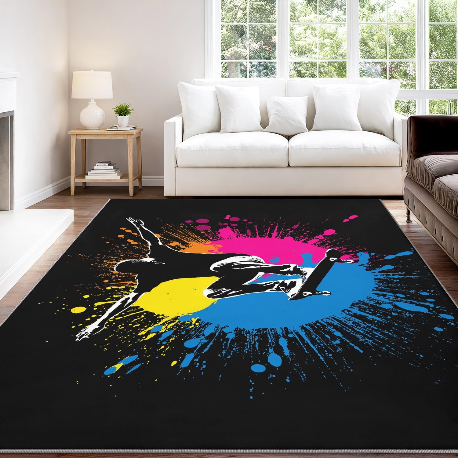 Wnętrze Dywan 40 x 60 cm do salonu, abstrakcyjny efekt rozpryskiwania atramentu dynamiczny miejski pop sylwetka deskorolka miękka antypoślizgowa miękka flanelowa mata podłogowa do sypialni, dekoracja