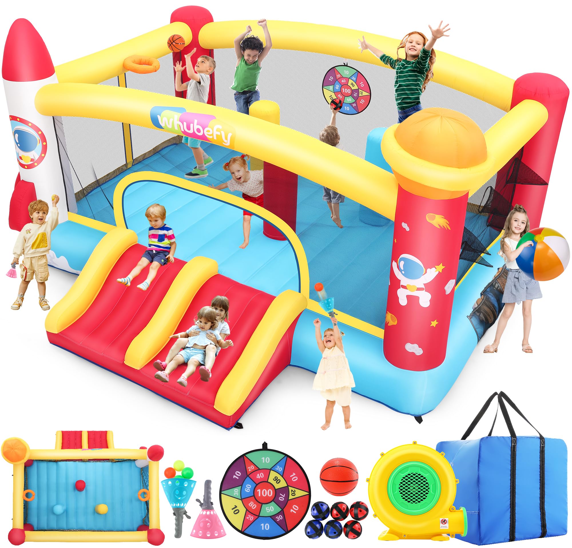 Whubefy Inflatable Bounce House Double Slide for Big Kids 3-6 8-12 with 3 Punching Bag Large Space Rocket Blow Up Bouncy Castle Obstacle Course