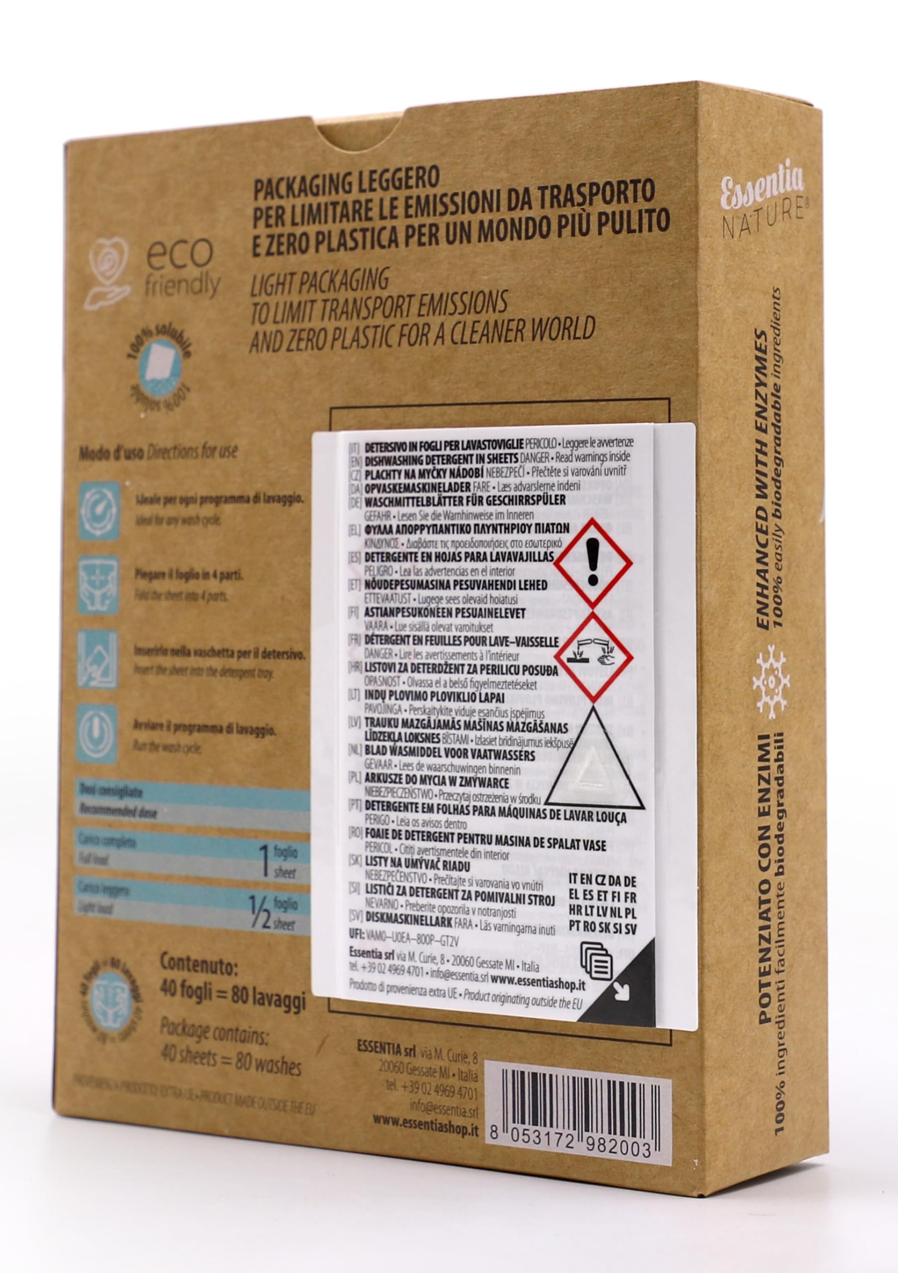 ESSENTIA Detersivo Ecologico in Fogli per Lavastoviglie | 3 Confezioni da 80 Lavaggi | Ultraconcentrato e Biodegradabile con Enzimi Naturali | Profumo Limone | Elimina Calcare e Odori | Plastic Free