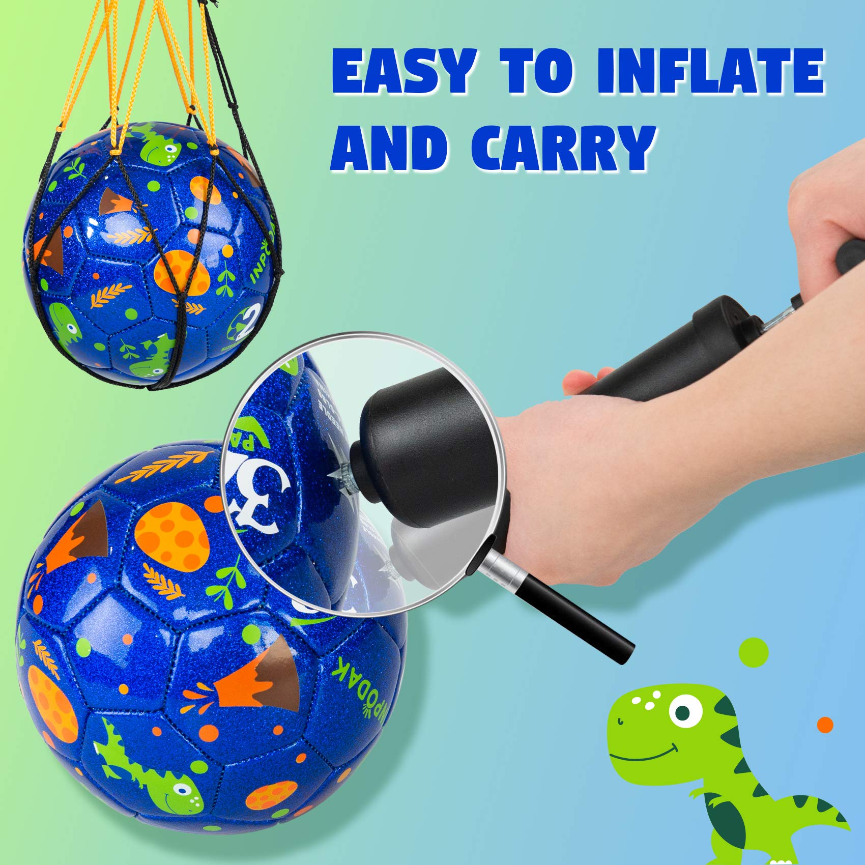 Toddler Soccer Ball Kids Soccer Ball Size 2 Upgraded Kids Ball for Toddler 3 4 5 6 Indoor Outdoor Ball Games with 1 Pump, 1 Bag and 1 Colorful Box (Blue Dinosaur, Size 2)