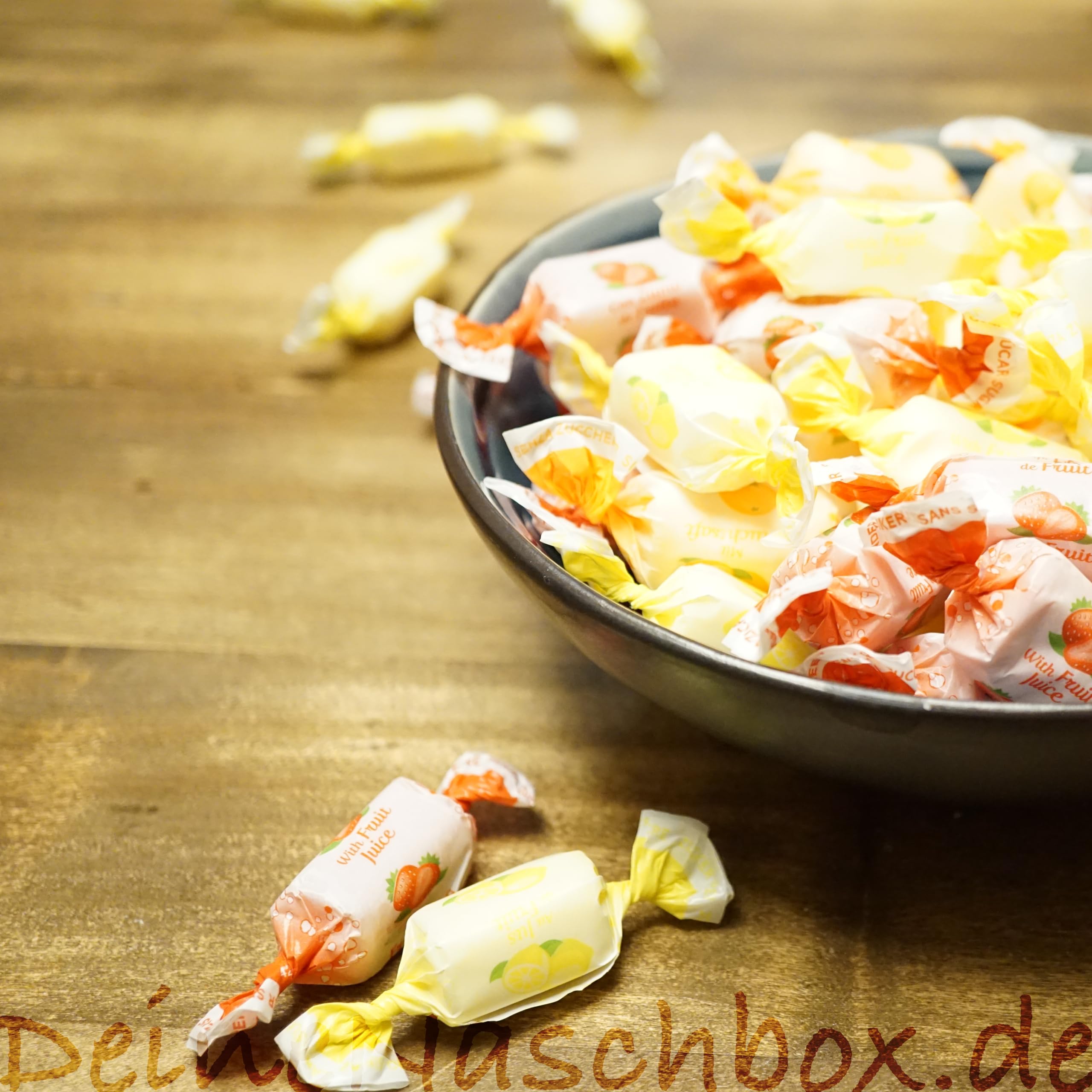 Deine Naschbox | Zuckerfreie Fruchtsaft Toffees | 500g Naschbox | XL Fruchtbonbon Großpackung | Kaubonbons | Zitrone Orange & Erdbeer Geschmack
