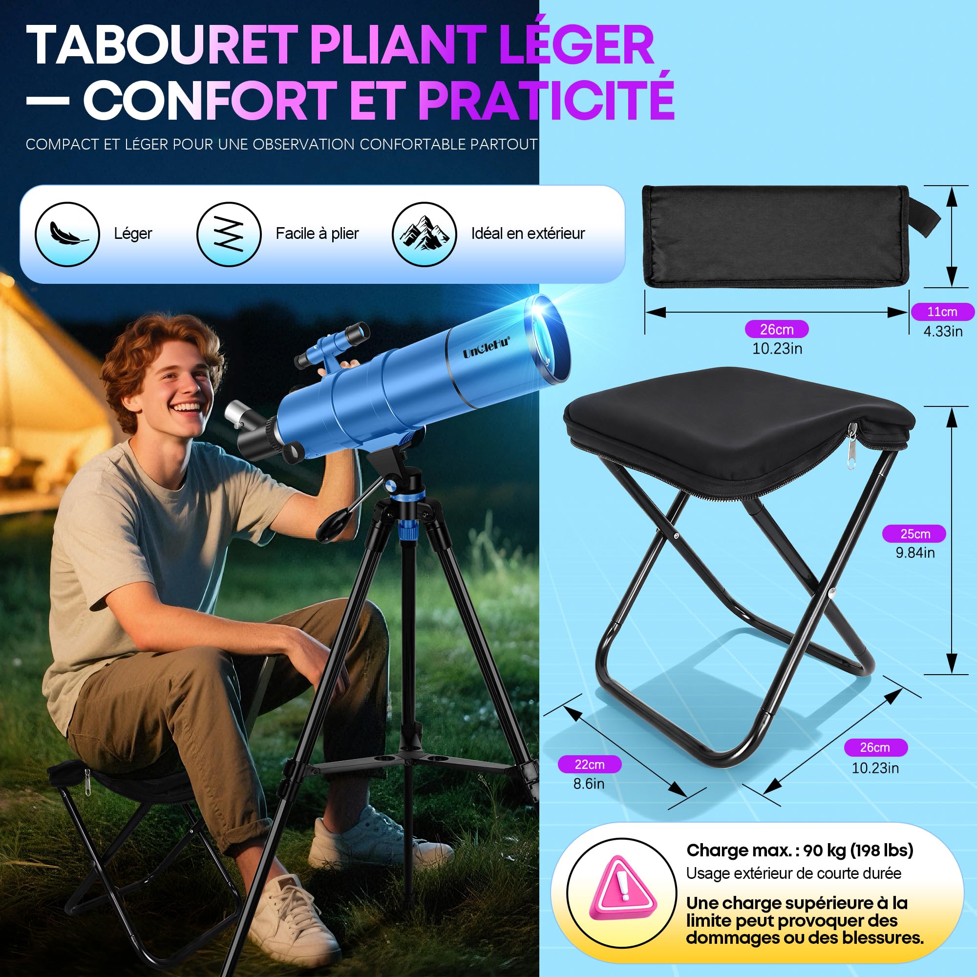 UncleHu Télescope 90/550mm pour Adultes et Enfants avec Tabouret Pliant | Optique FMC, 22–165×, Télescope Réfracteur Astronomique avec Trépied&Adaptateur Smartphone&Sac, Observation Terrestre&Lunaire